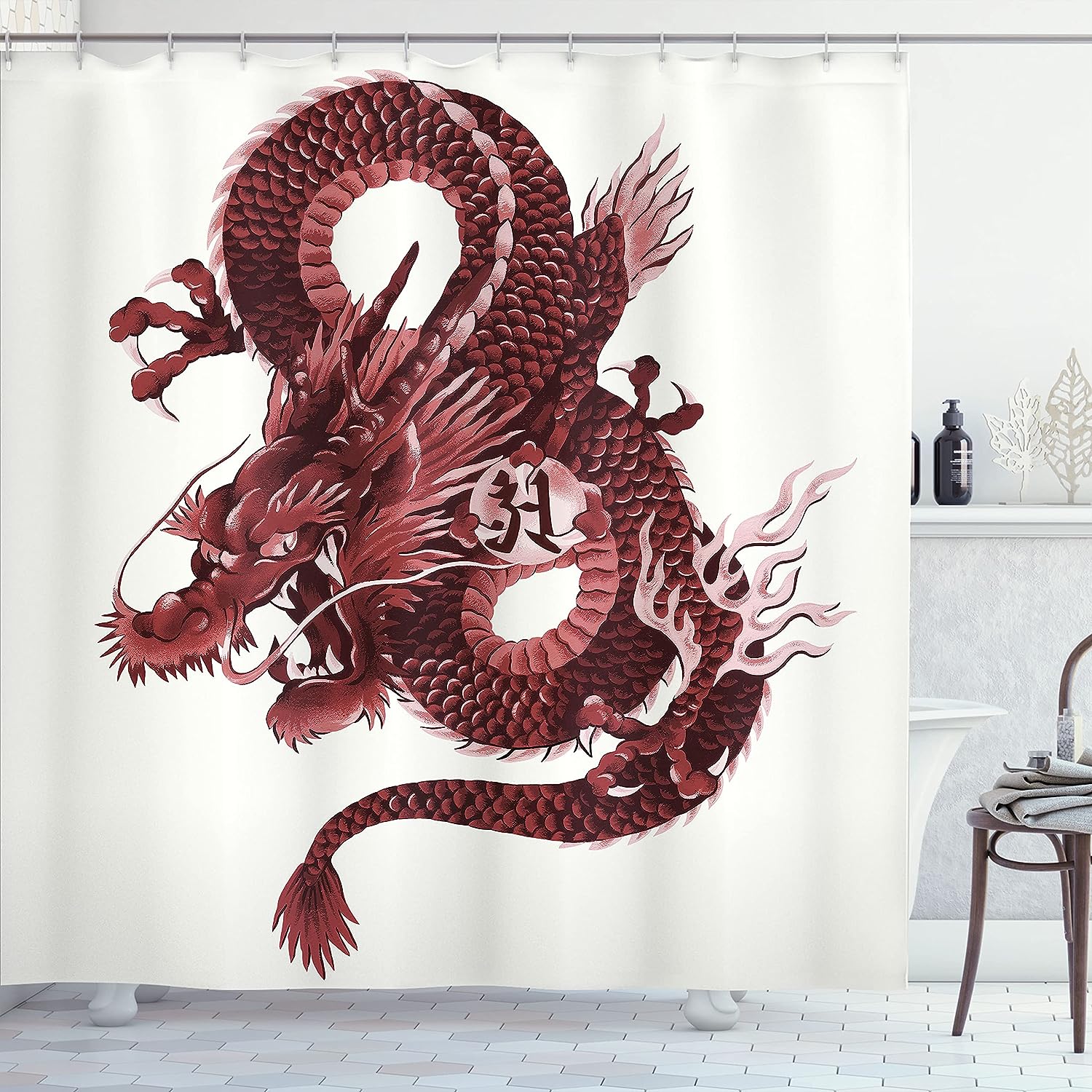 Japanese Dragon Tatsu Noble Monster Shower Curtain, Cloth Bathroom Decor