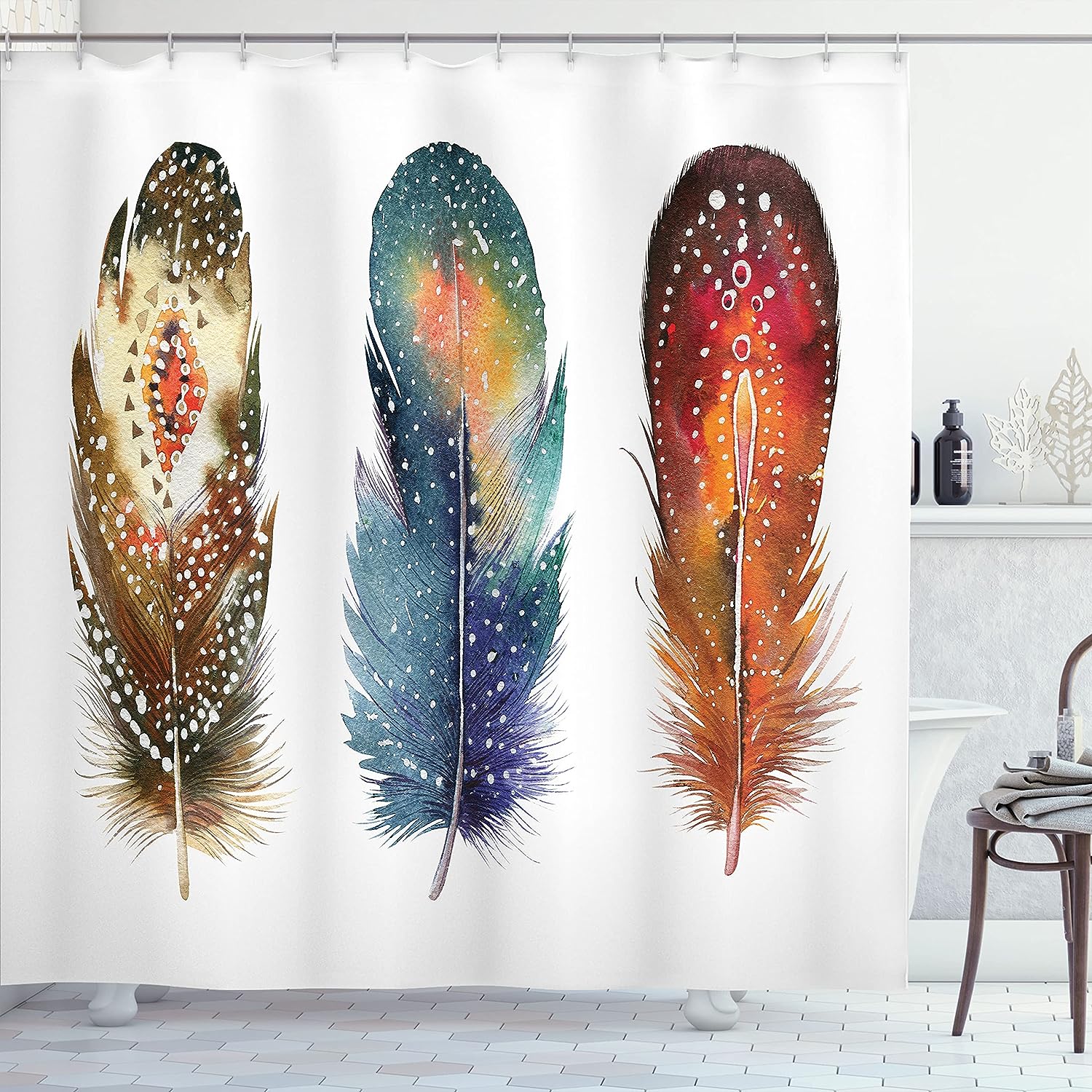 Feather Ornament Cloth Fabric Shower Curtain, Ceremonial Esoteric Design, Bathroom Decor