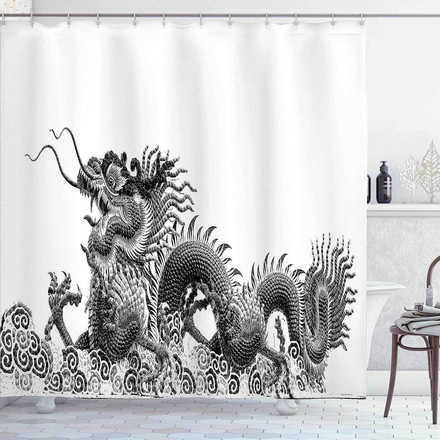 Chinese Dragon Symbol Cloth Fabric Shower Curtain, Traditional Strength And Luck Powers Fantasy Graphic, Home Decor