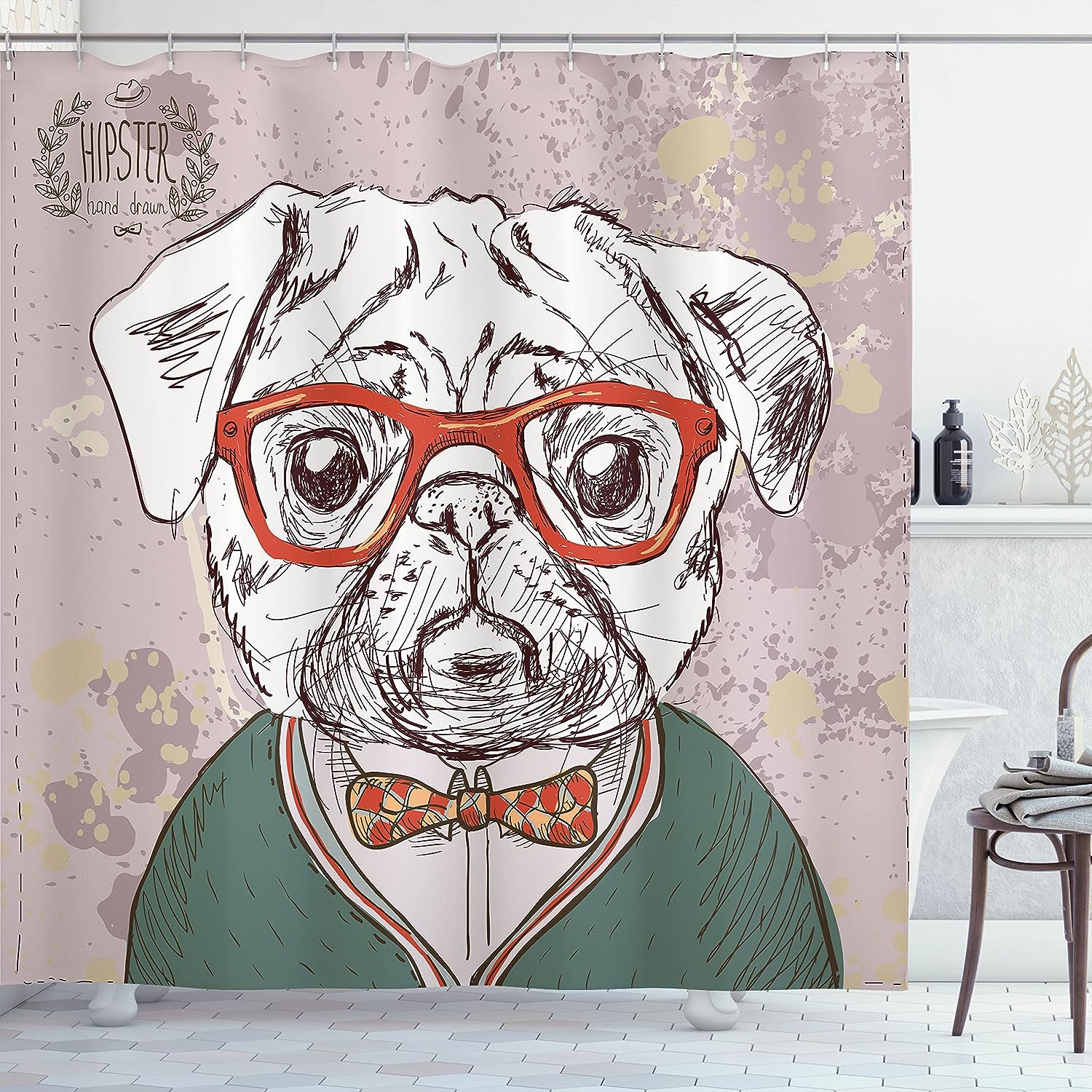Hipster Pug Funny Illustration Shower Curtain, Cloth Bathroom Decor