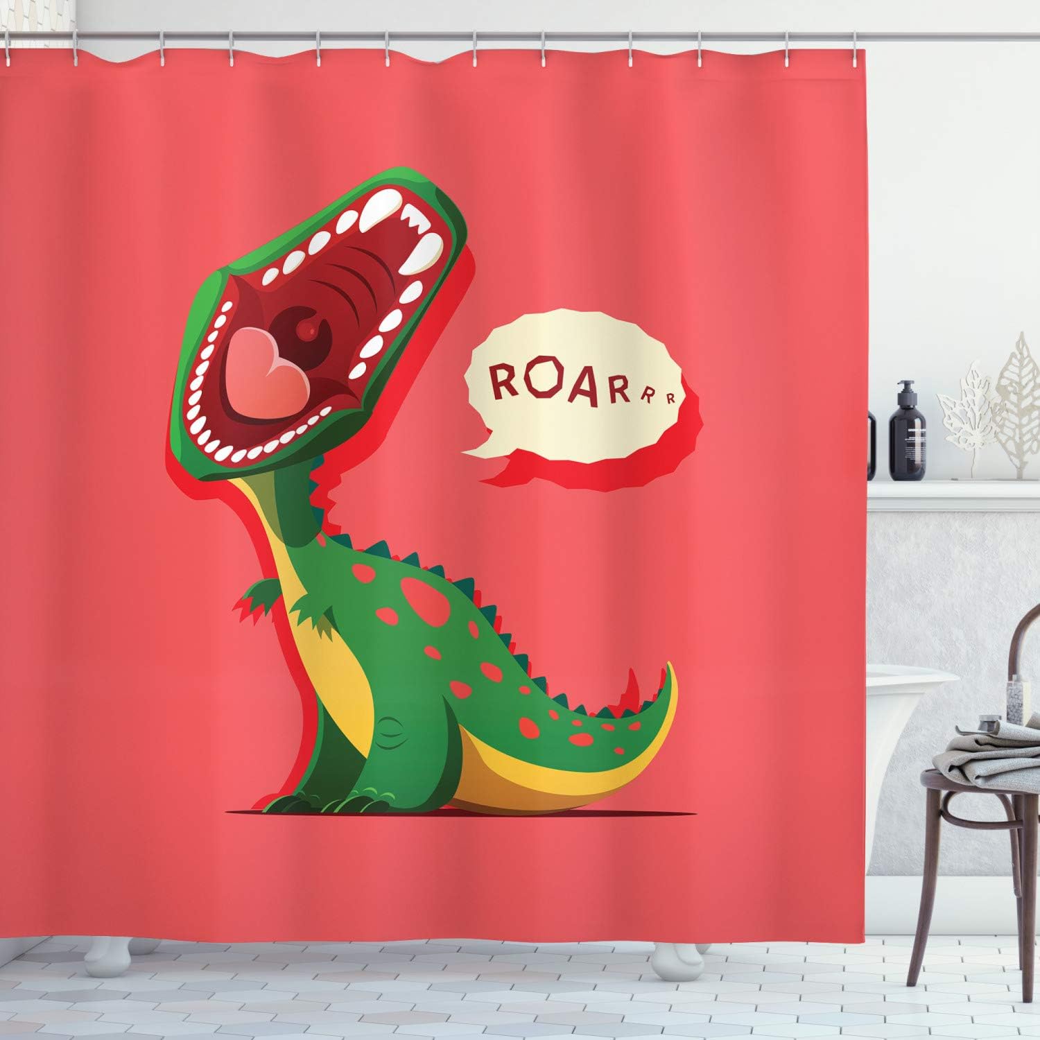 Roaring Dinosaur Cartoon Animal Shower Curtain, Home Decor