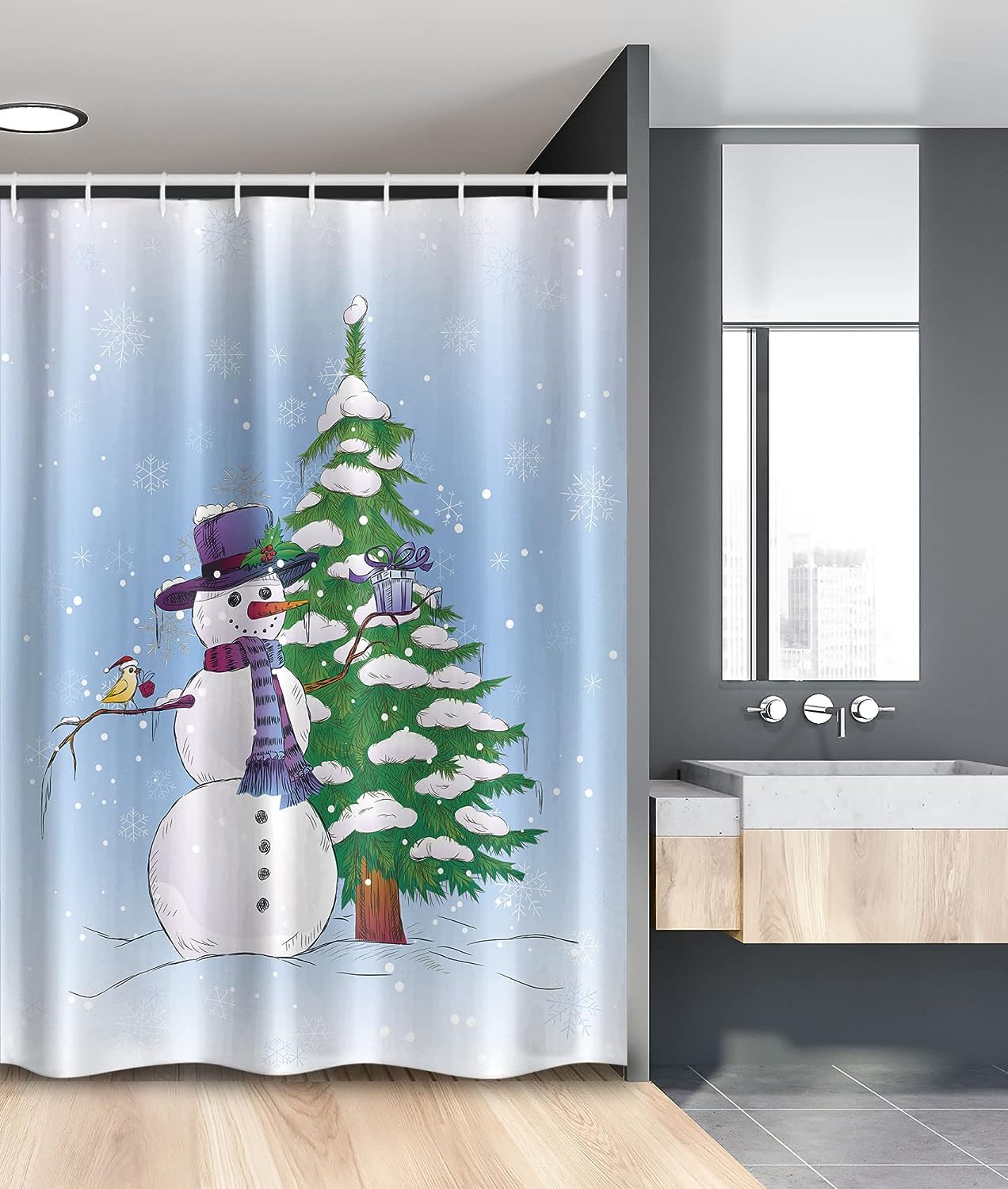 Snowman Christmas Stall Shower Curtain, Mistletoe Present Top Hat And Scarf Tree And Bird Print In Green Blue, Fabric Bathroom Decor