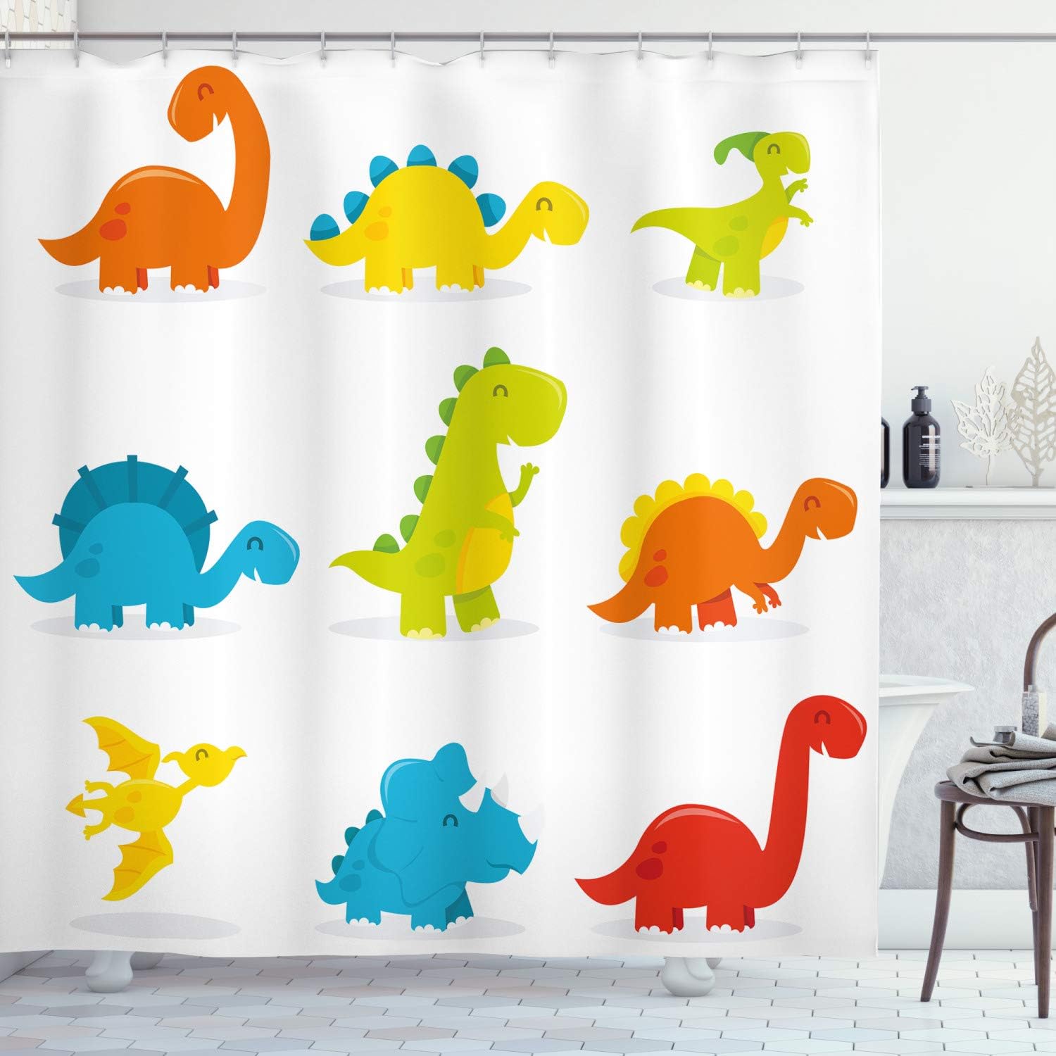 Colorful Funny Dinosaur Cartoon Pattern Shower Curtain, Cloth Bathroom Decor