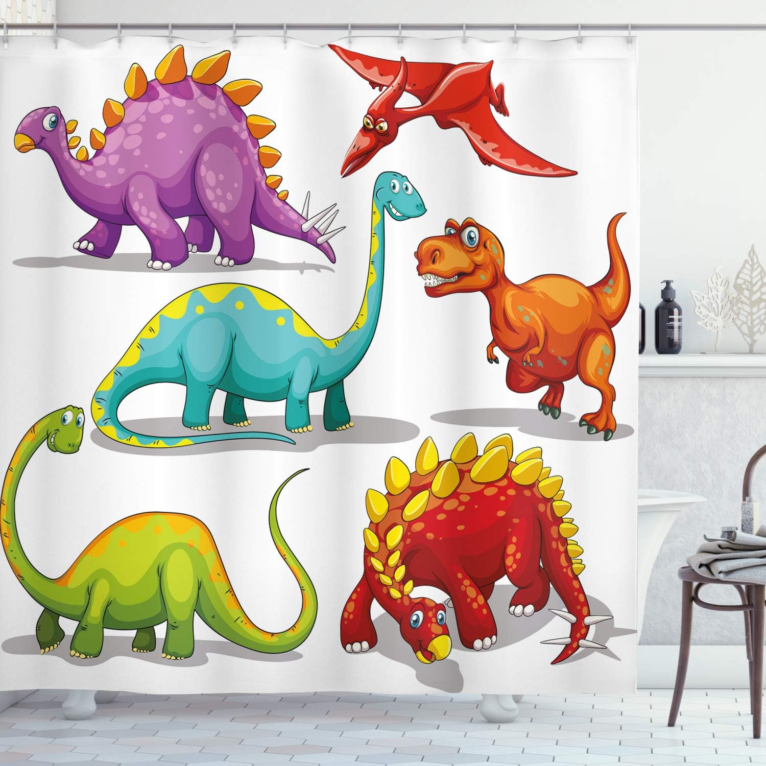 Funny Friendly Dinosaur Themed Shower Curtain, Cloth Bathroom Decor