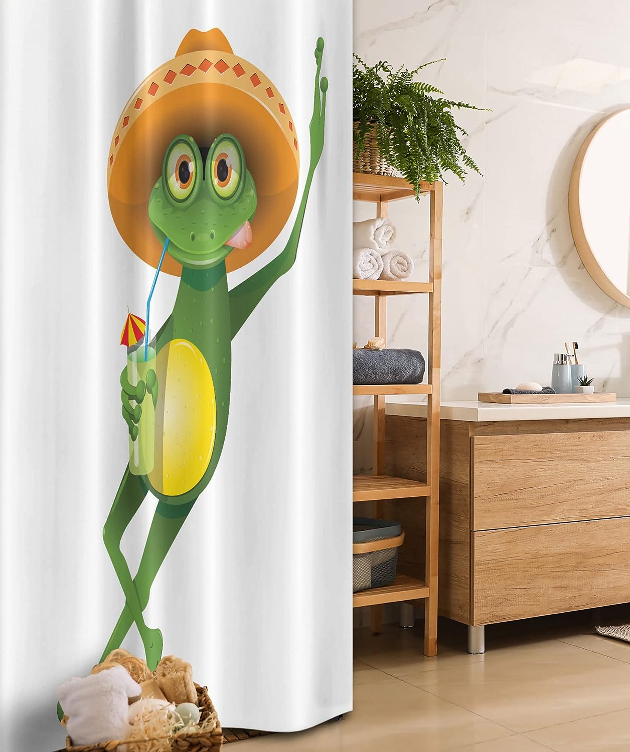 Frog Shower Curtain, Sombrero And Cocktail Drink Glass Fauna Hot Weather Print In Fern Green Apricot, Fabric Bathroom Decor