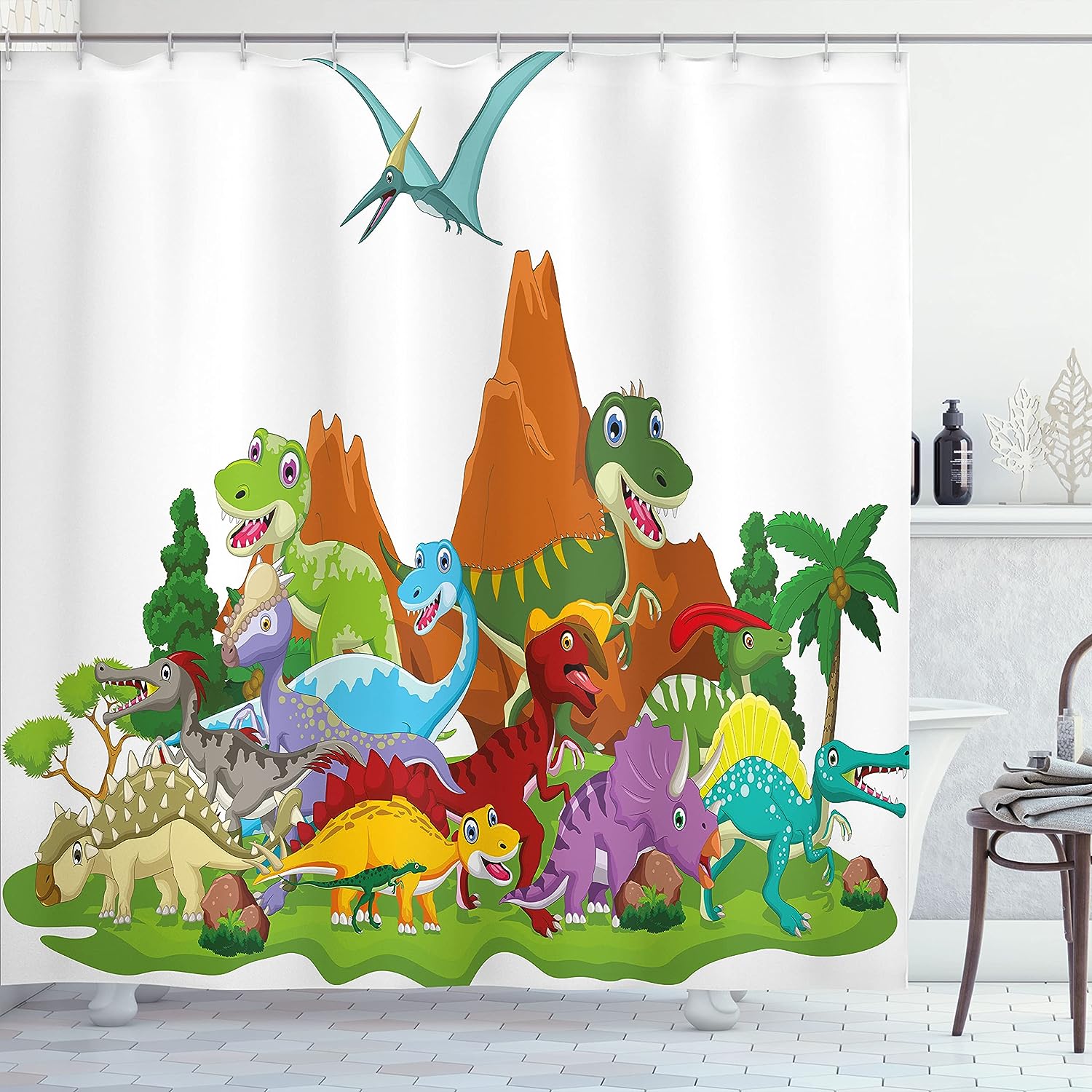 Friendly Dinosaur Cartoon Style Landscape Shower Curtain, Home Decor