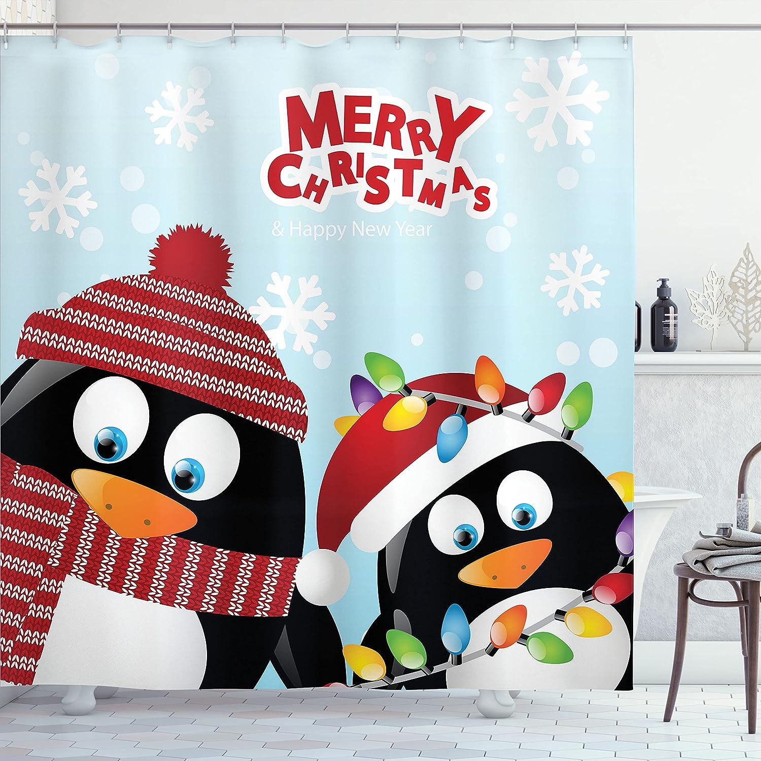 Penguins Christmas Shower Curtain, Happy Christmas Snowflake Background With Arctic Animals Print In Ruby Bathroom Decor