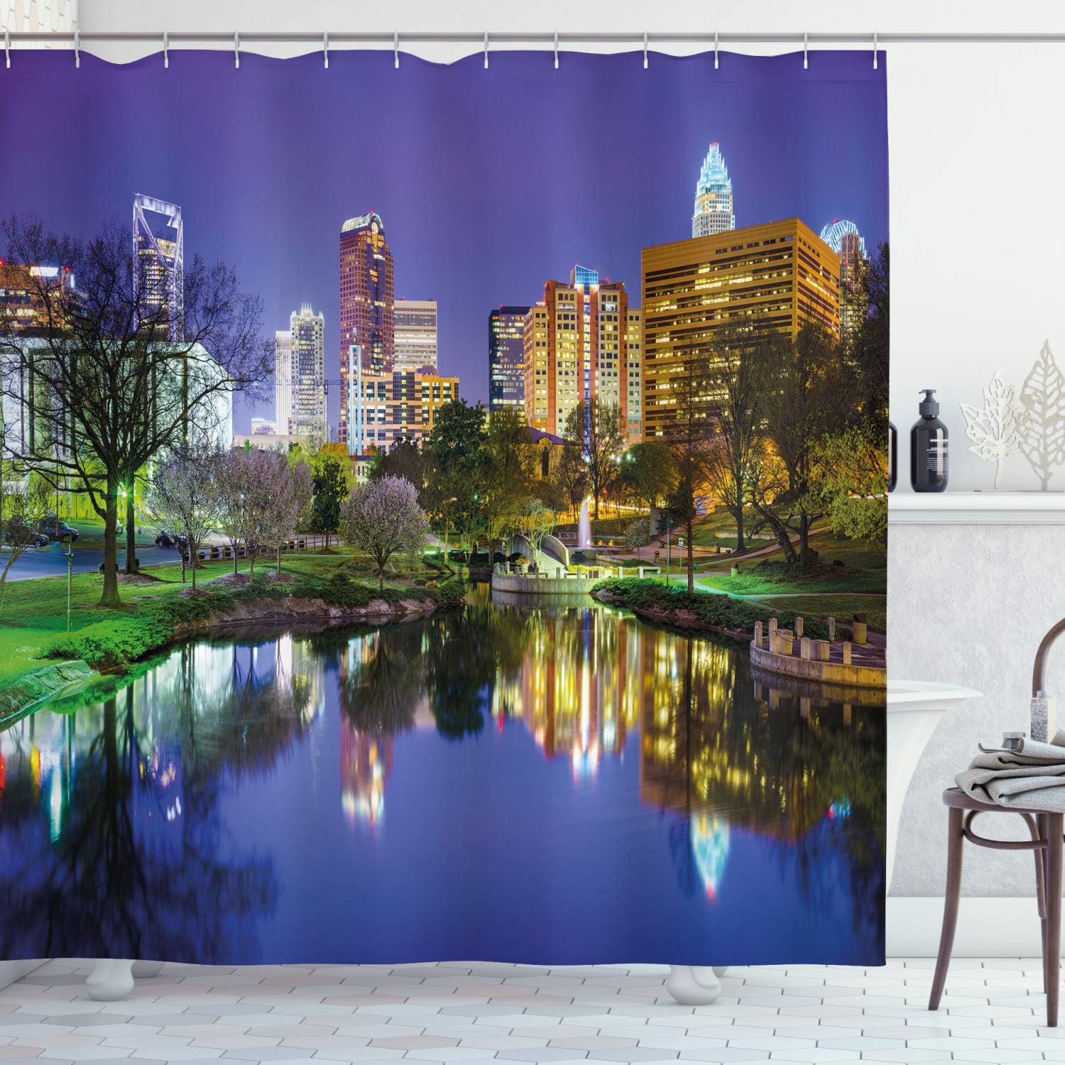 North Carolina City Shower Curtain, American Night Reflections On Lake Photo In Multicolor, Fabric Bathroom Decor