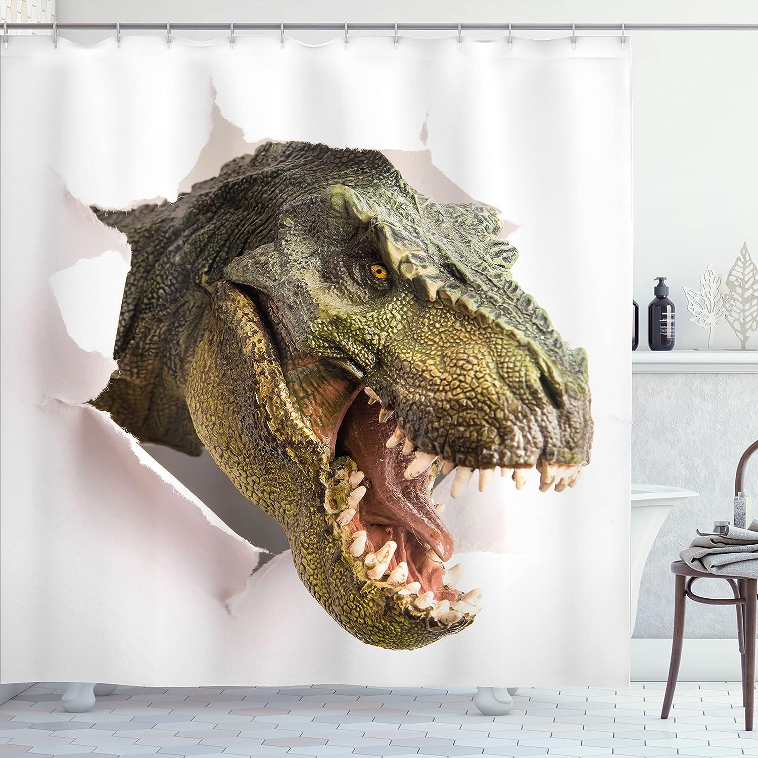 Dangerous Dinosaur Breaking The Wall Shower Curtain, Cloth Bathroom Decor