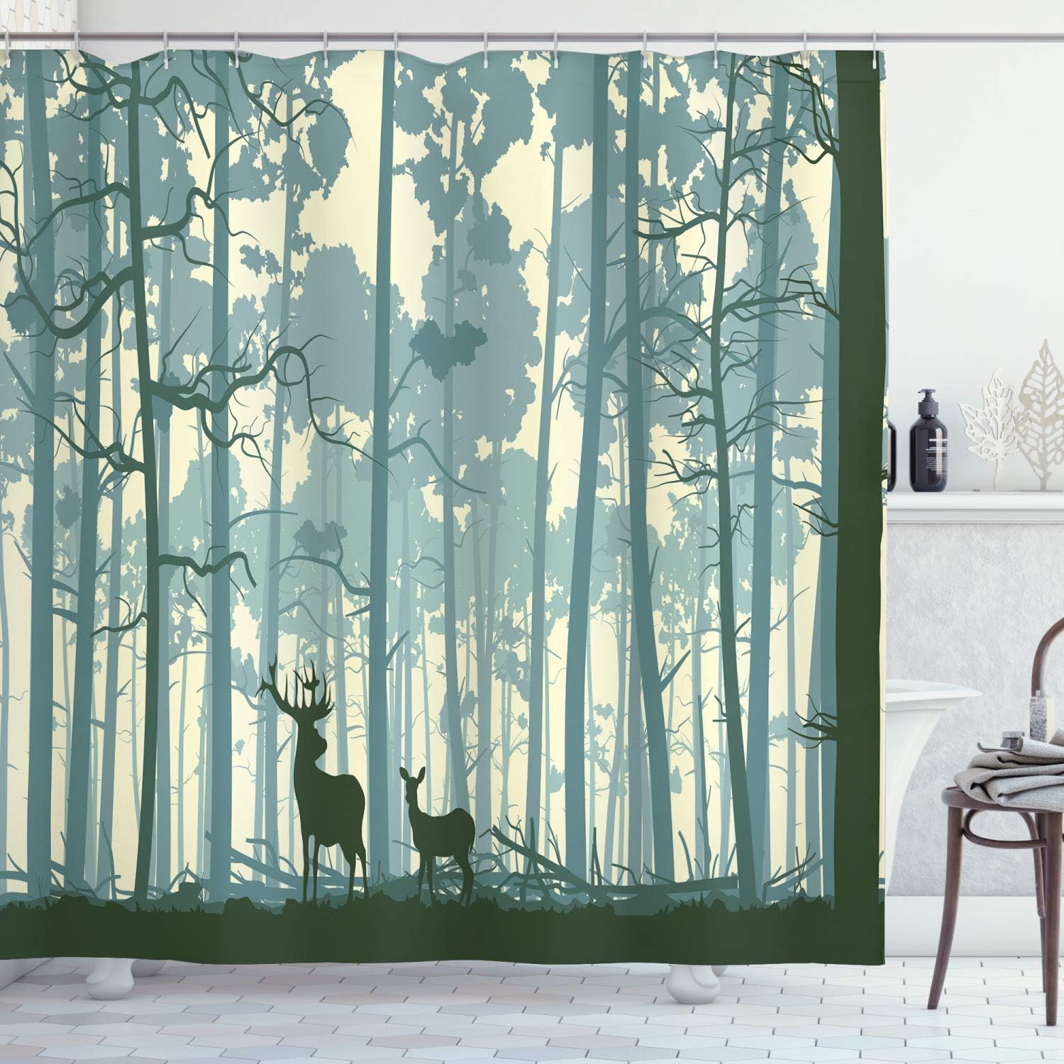 Foggy Forest Animal Silhouette Shower Curtain, Cloth Bathroom Decor