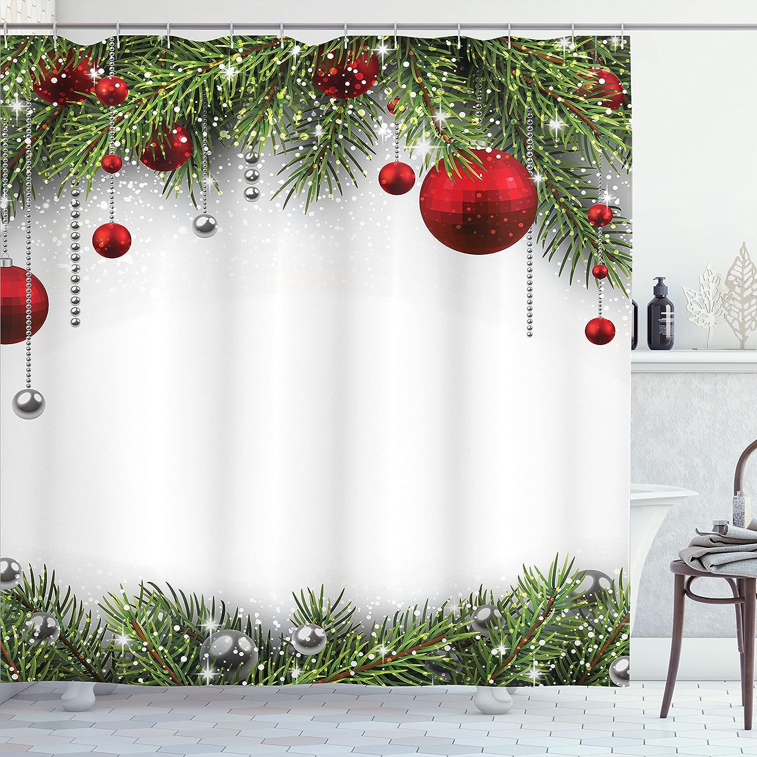 Holiday Season Shower Curtain, Pine Leaves Ball Classic Design Print In Green Silver White Bathroom Decor