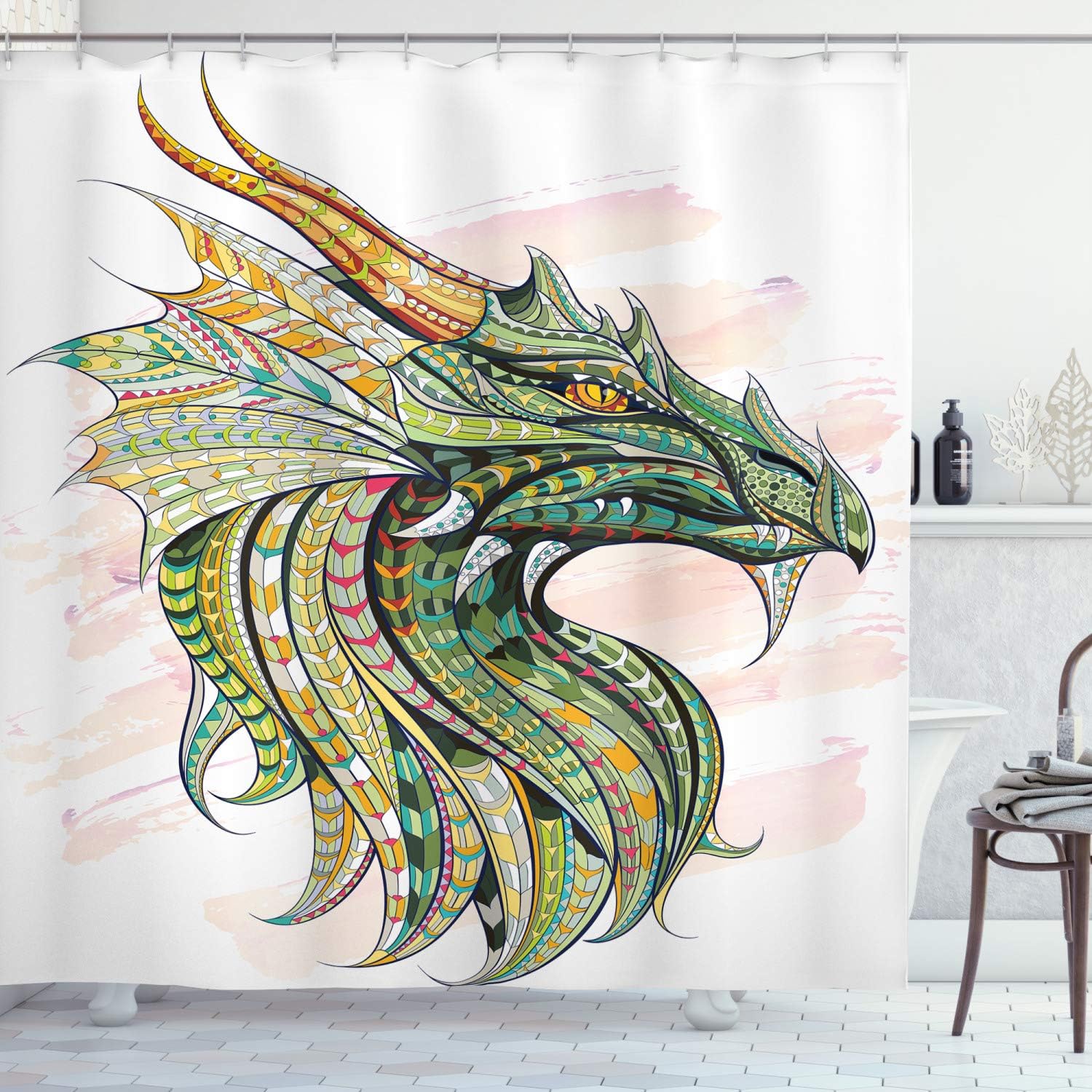 Dragon Shower Curtain, Ornate Effects On Grunge Backdrop Mythical Illustration In White Blush Jade Green Bathroom Decor