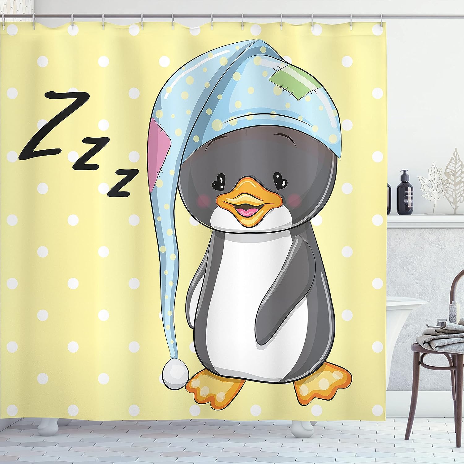Sleepy Baby Penguin Shower Curtain, Happy Dream Cartoon Art In Yellow White Bathroom Decor, 75 Long