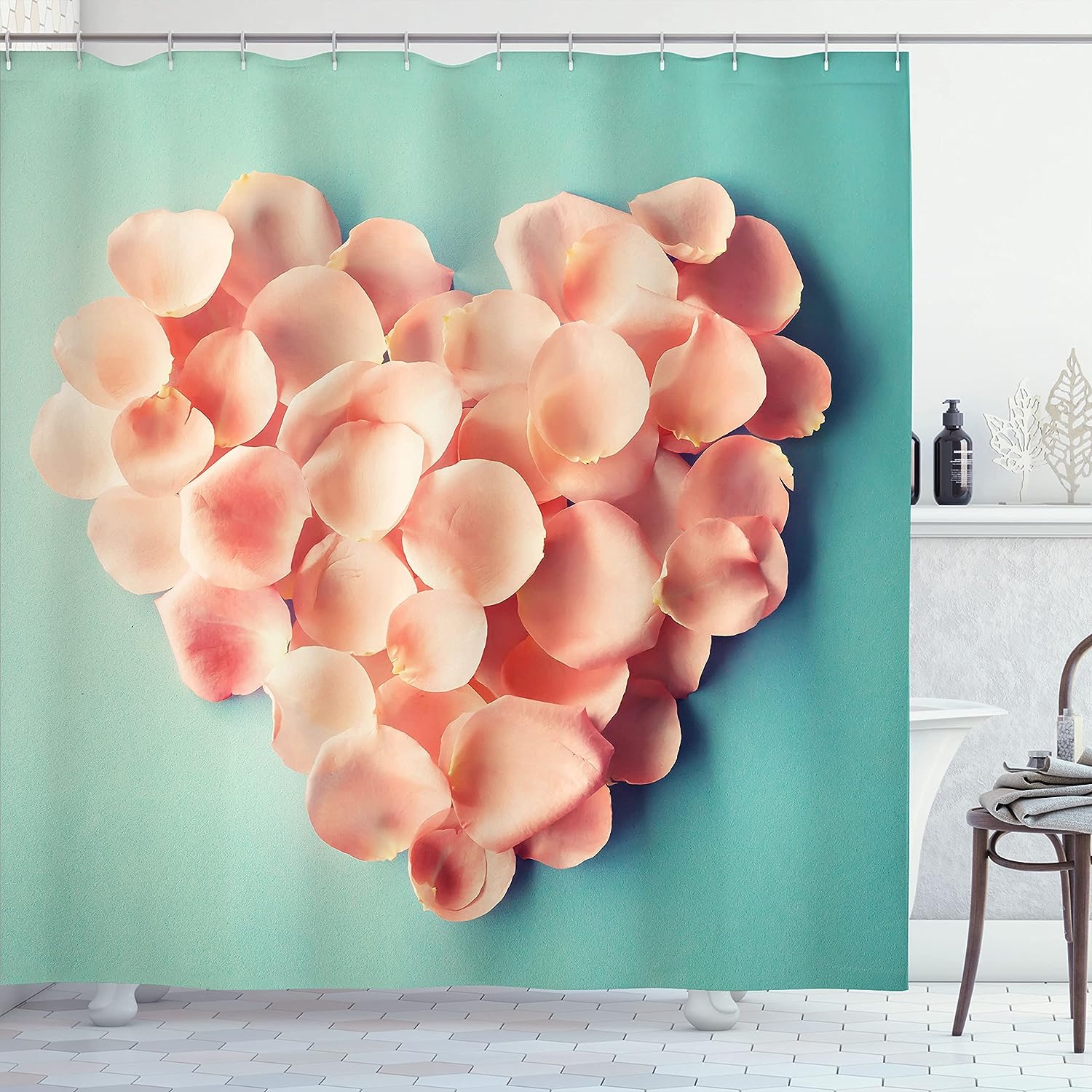 Heart Shaped Floral Petals Valentines Day Shower Curtain, Cloth Bathroom Decor