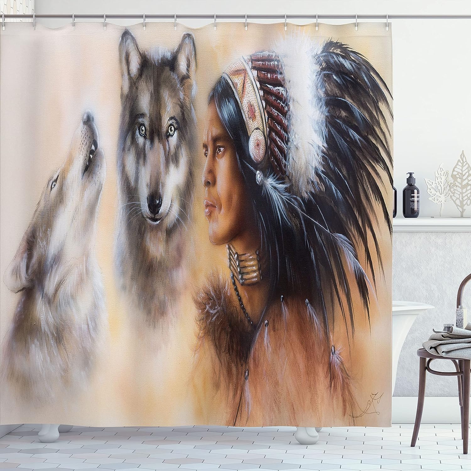 Native Man Feather Wolves Mystic Painting Shower Curtain, Cloth Bathroom Decor