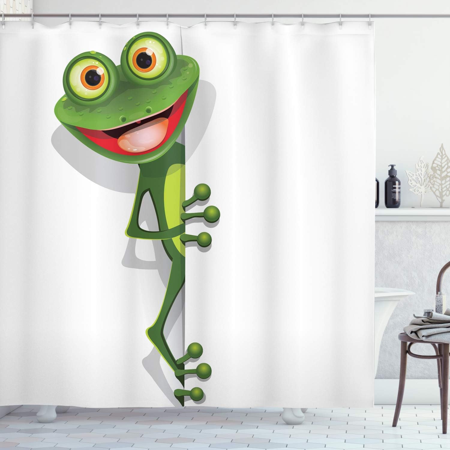 Jolly Frog Shower Curtain, Lizard Gecko Cartoon Artwork In Fern Green Bathroom Decor