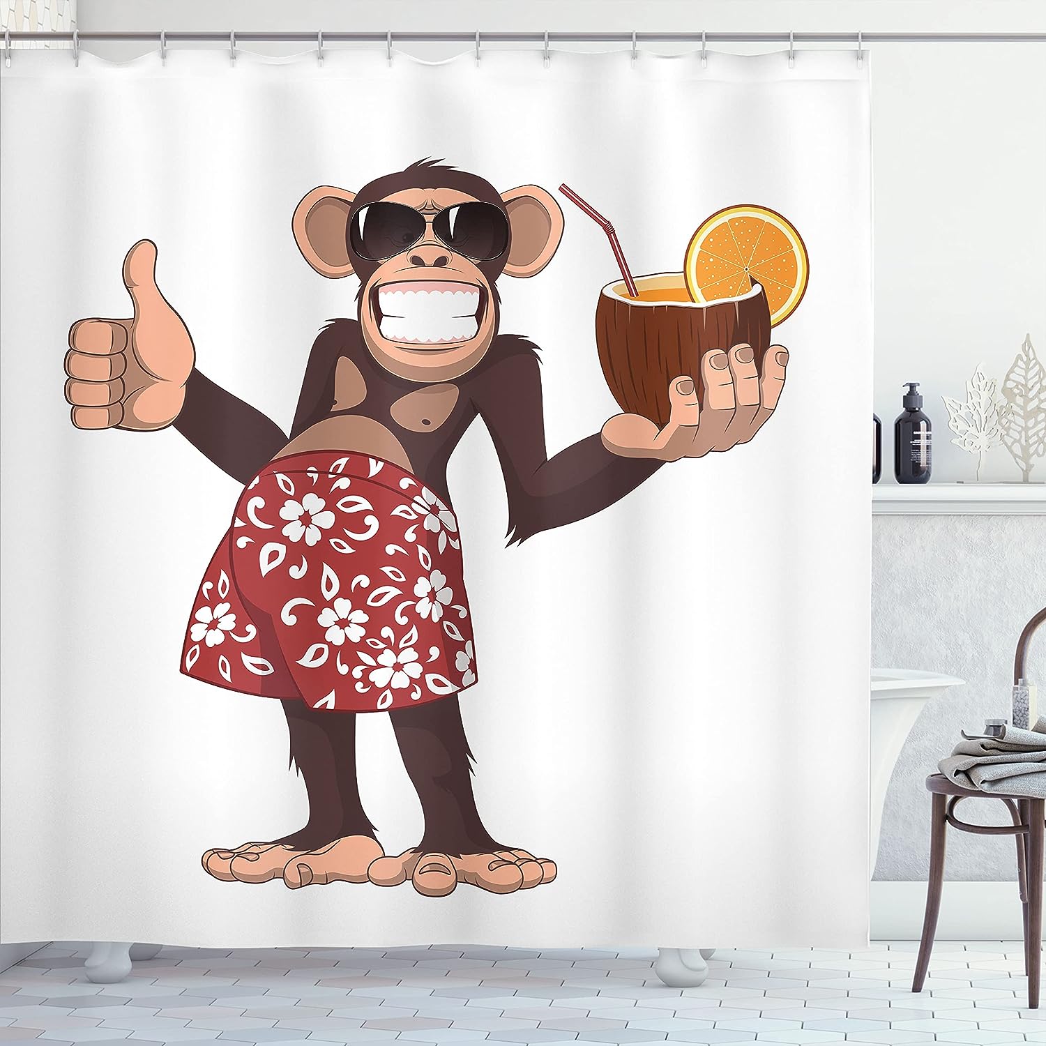 Happy Chimpanzee Shower Curtain, Cocktail And Smiling Piggle Ape Print In Brown Ruby Bathroom Decor