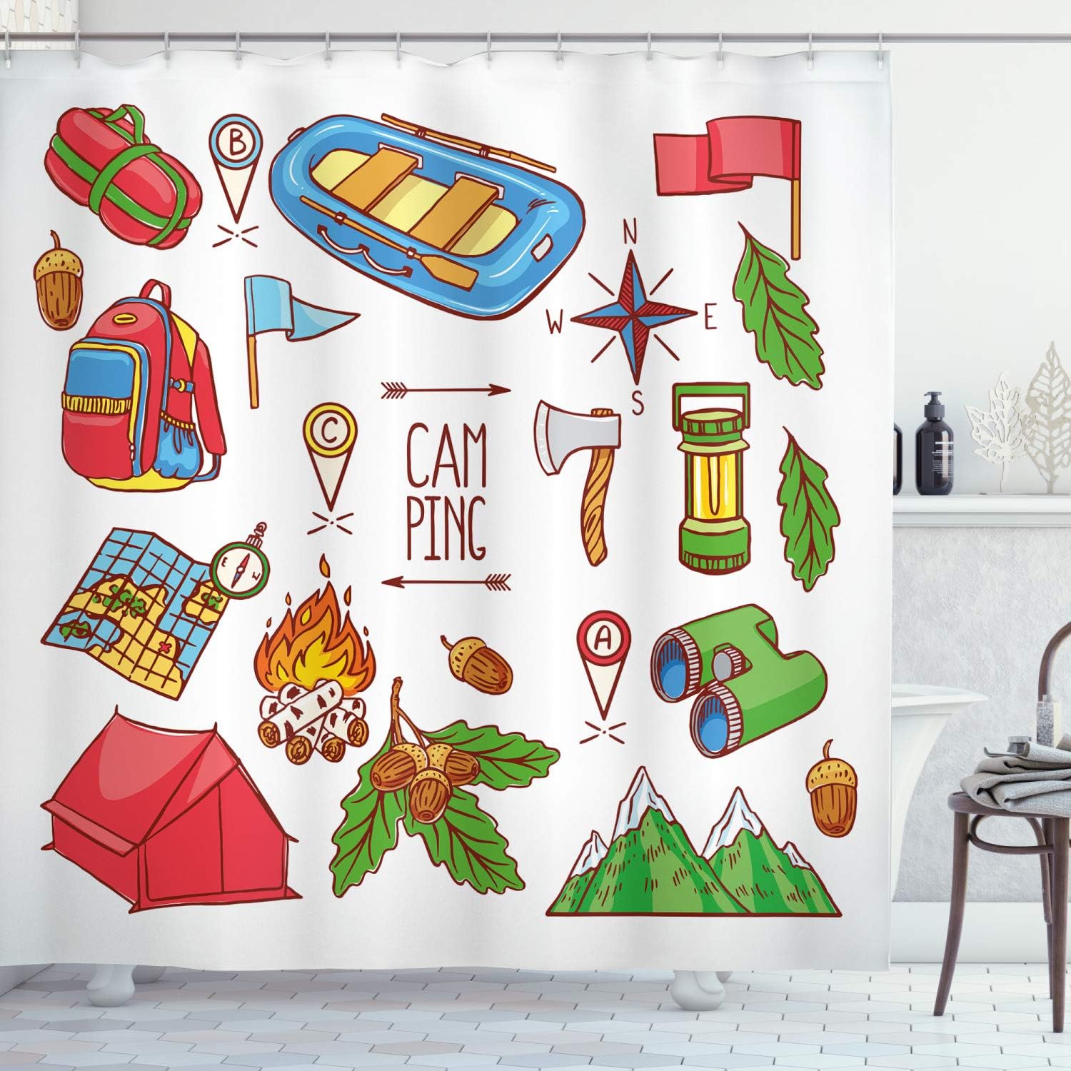 Camping Camper Shower Curtain, Equipments And Illustration In Blue Red Bathroom Decor