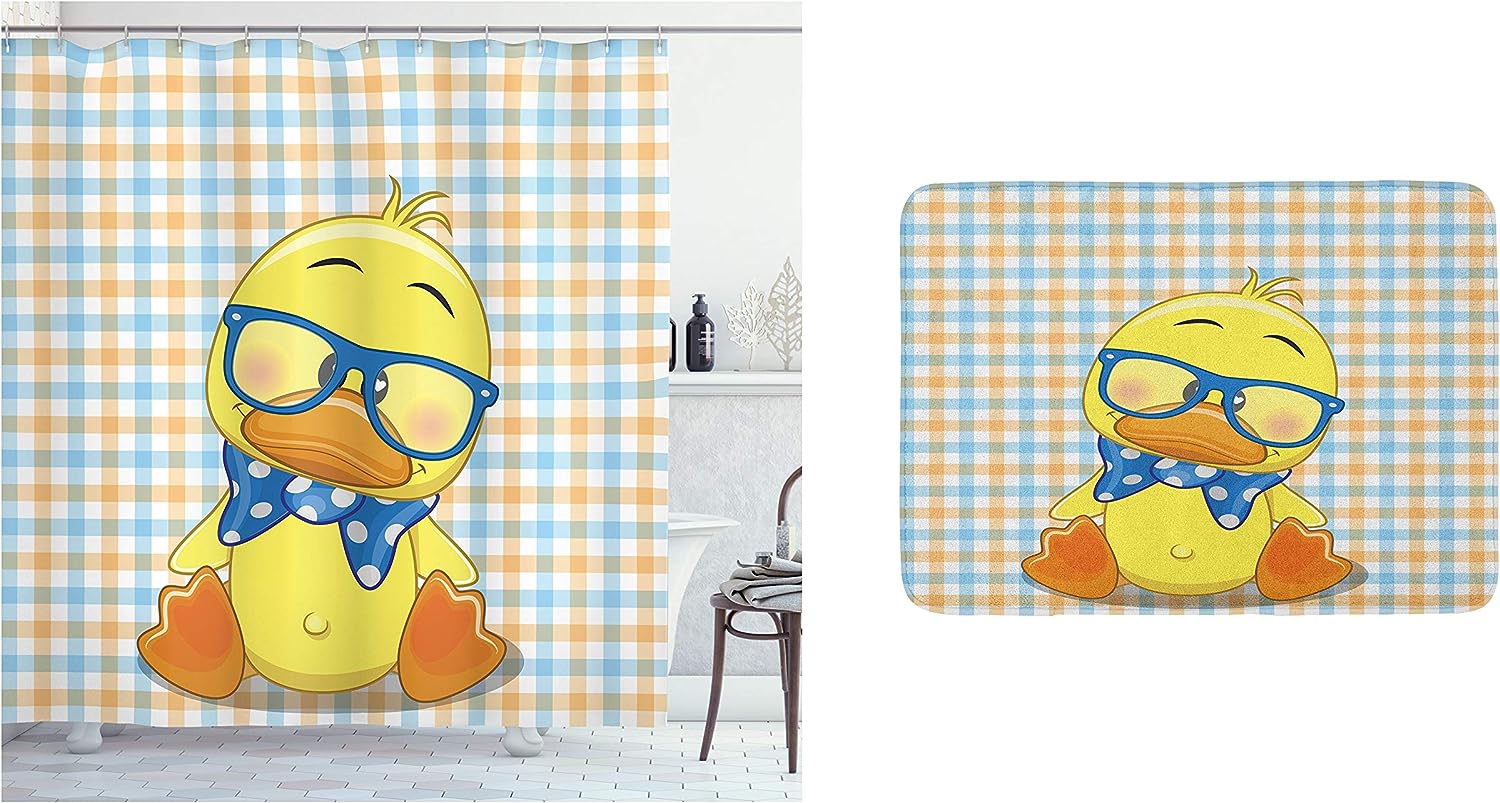 Hipster Cartoon Shower Curtain, Boho Baby Duck Dotted Bow Cool Free Spirit Smart Geese Print In Orange Yellow Bathroom Decor