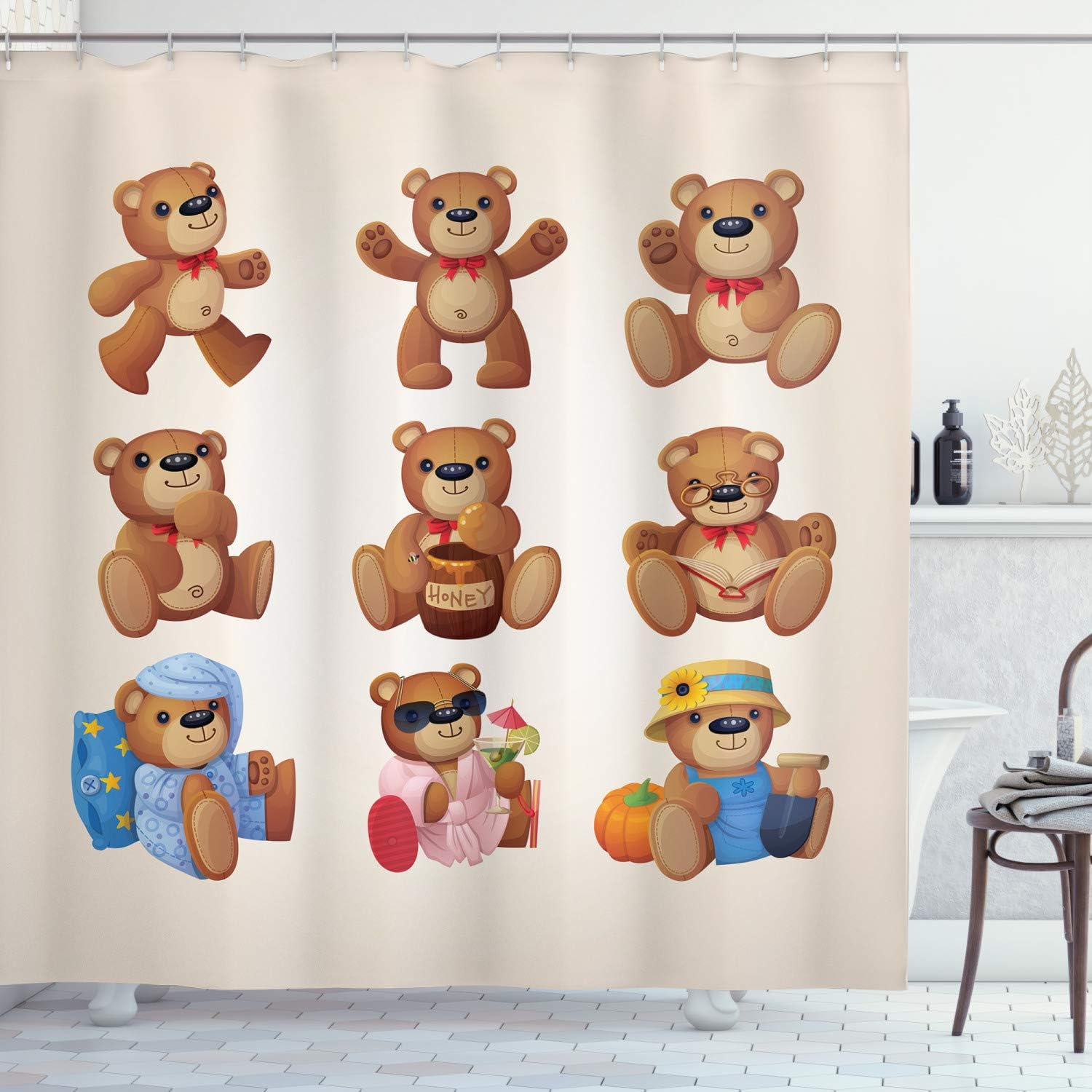 Teddy Bears Shower Curtain, Funny Different Faces Nostalgic Design In Chocolate Cream Bathroom Decor