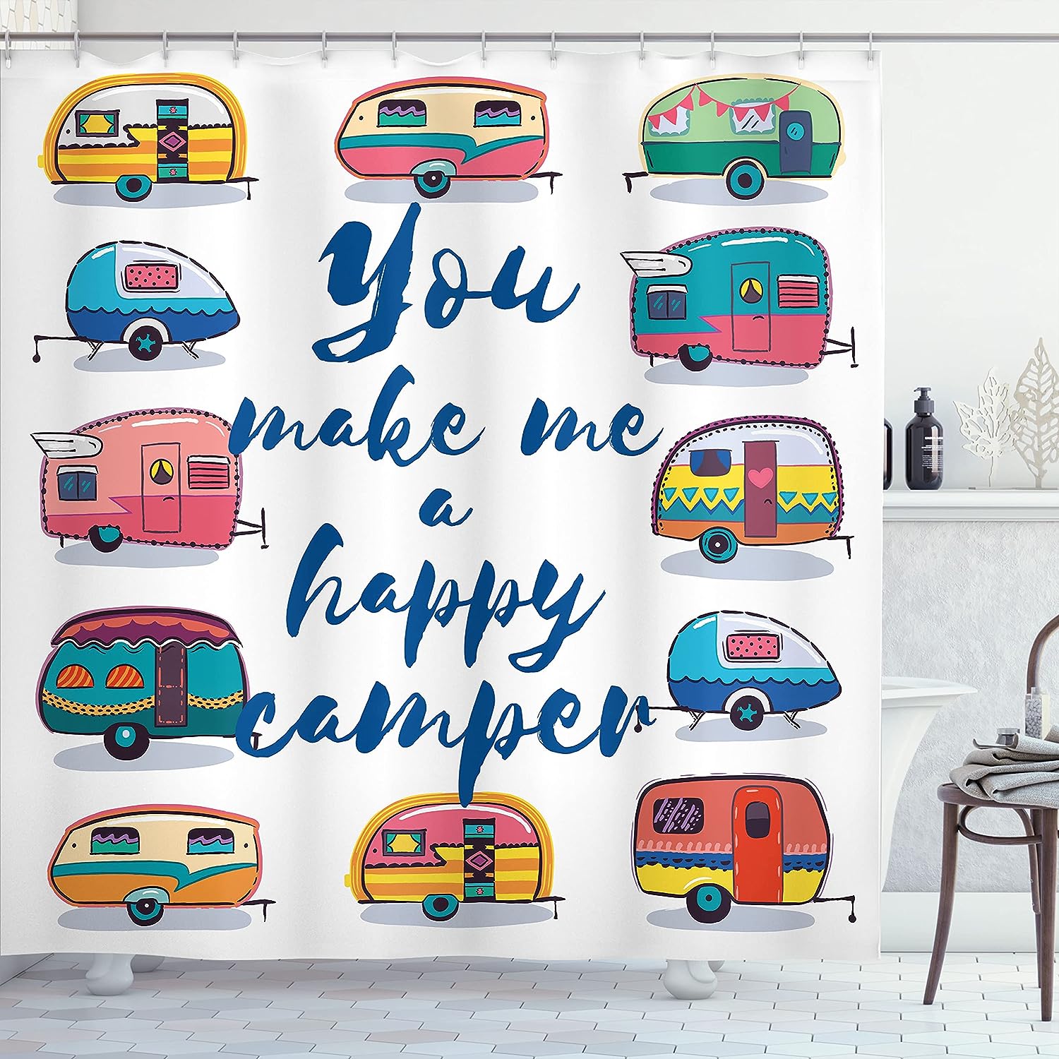 Camper Shower Curtain, Happy Motivational Words With Caravans Retro Travel Graphic In Indigo Yellow Bathroom Decor