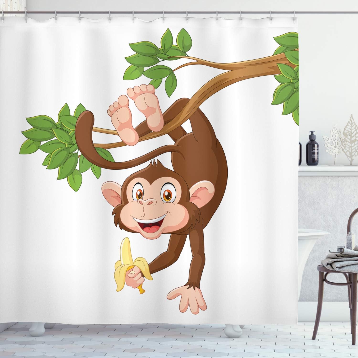 Funny Monkey Shower Curtain, Jungle Animals Theme Print In Chocolate White Bathroom Decor