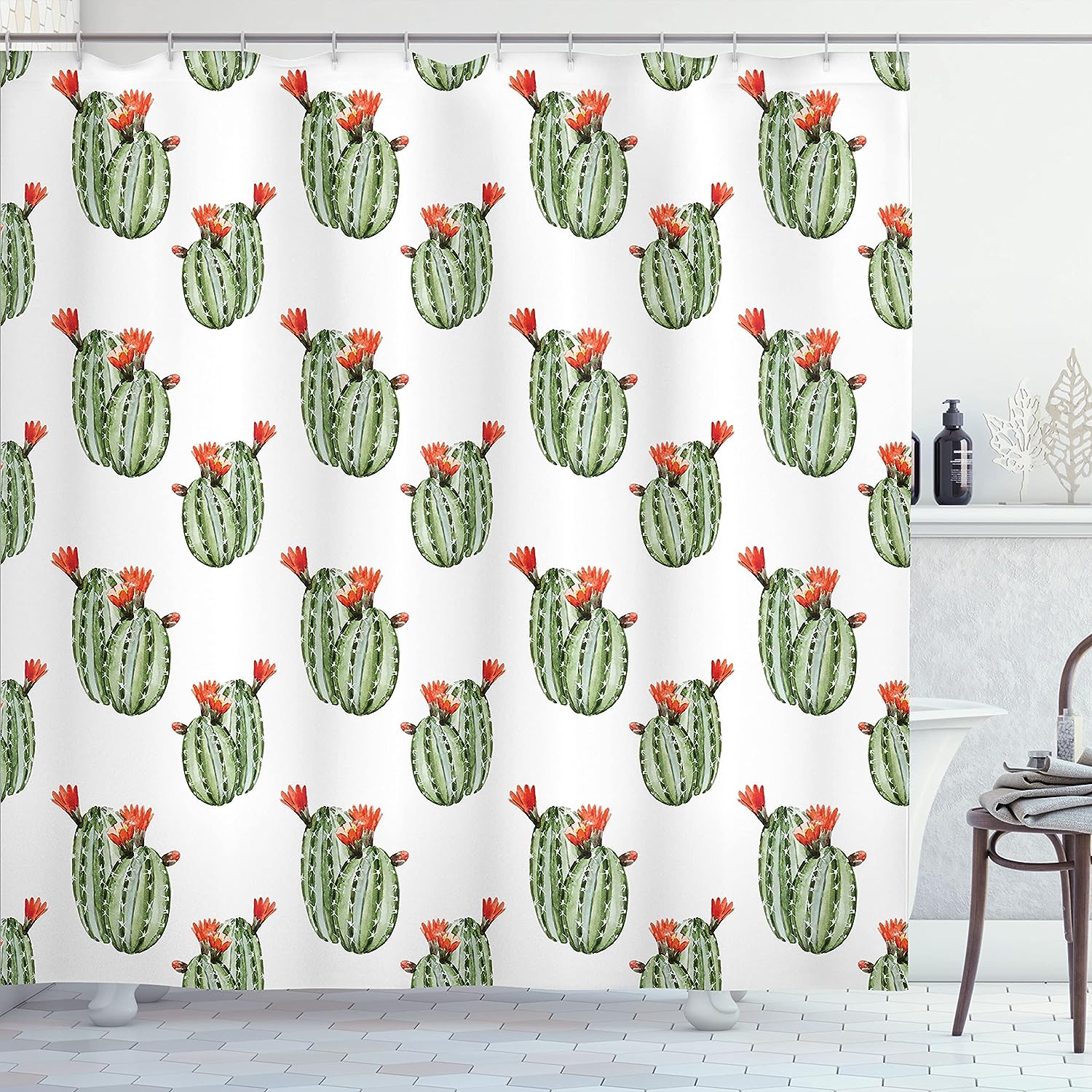 Cute Cactus Shower Curtain, Cartoon Drawing Of Hedgehog Animals And Prickly Pear Print For Bathroom Decor, Dark Grey Green