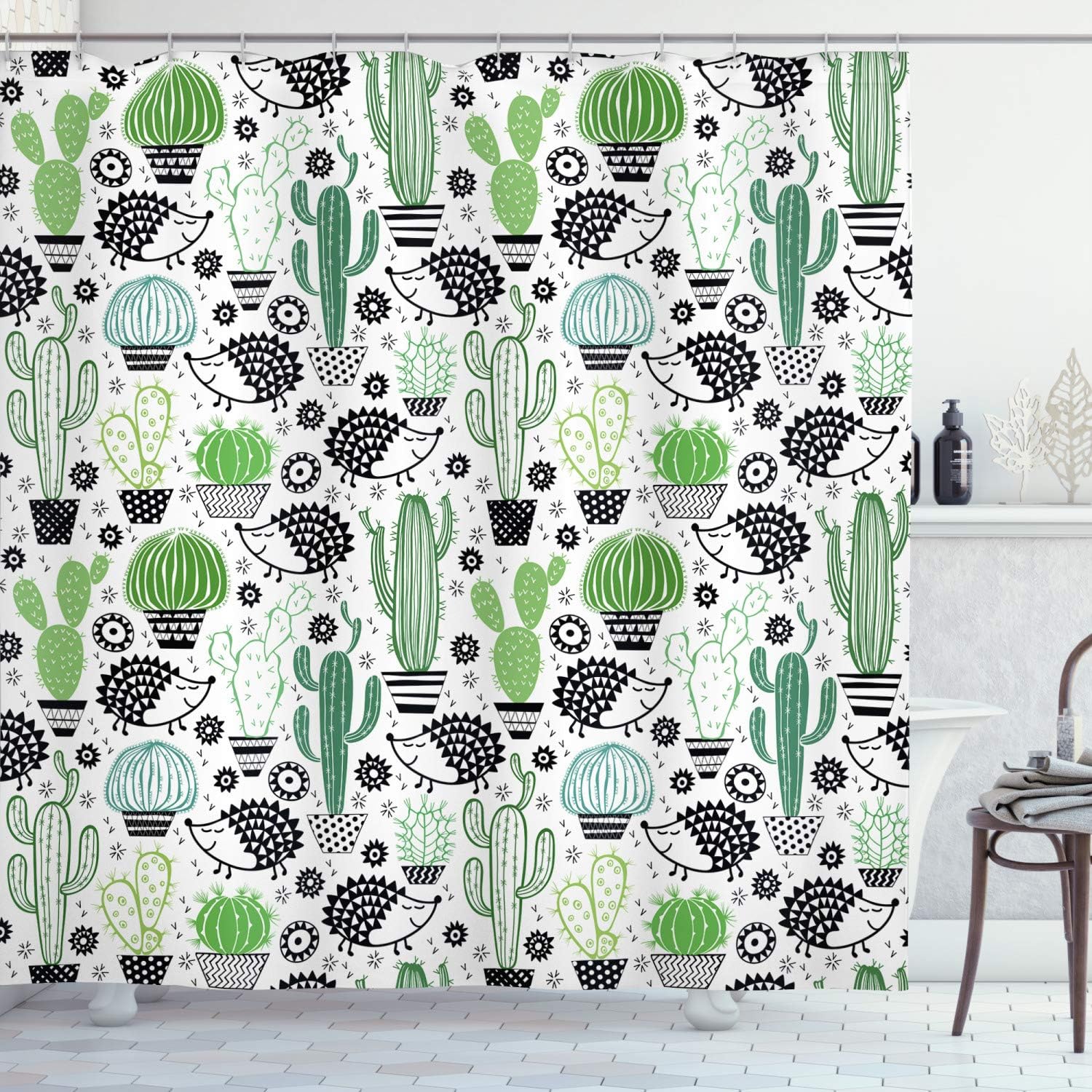 Exotic Plant Shower Curtain, Saguaro Prickly Pear Succulents Spikes Arrangement Hand Painted Style Print For Bathroom Decor, Multicolor