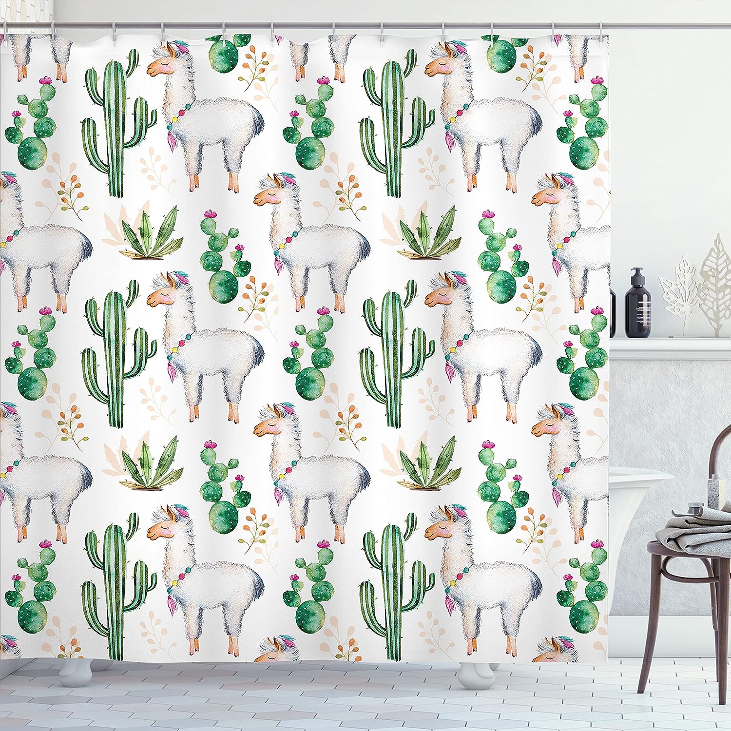 Cacti Llama Hot South Shower Curtain, Plant Pattern Modern Colored Image Print For Bathroom Decor, Multicolor White