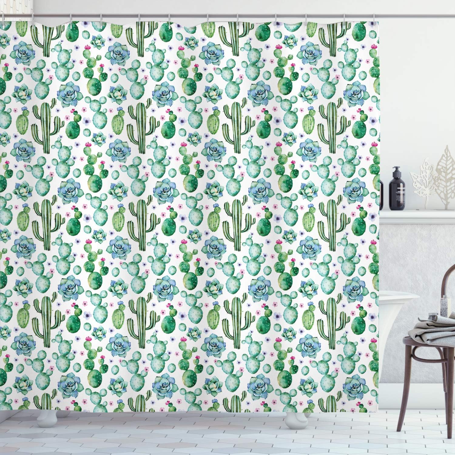 Southwestern Cactus Shower Curtain, Cacti Pattern Llama Animal Modern Colored Image Print For Bathroom Decor, Multicolor White