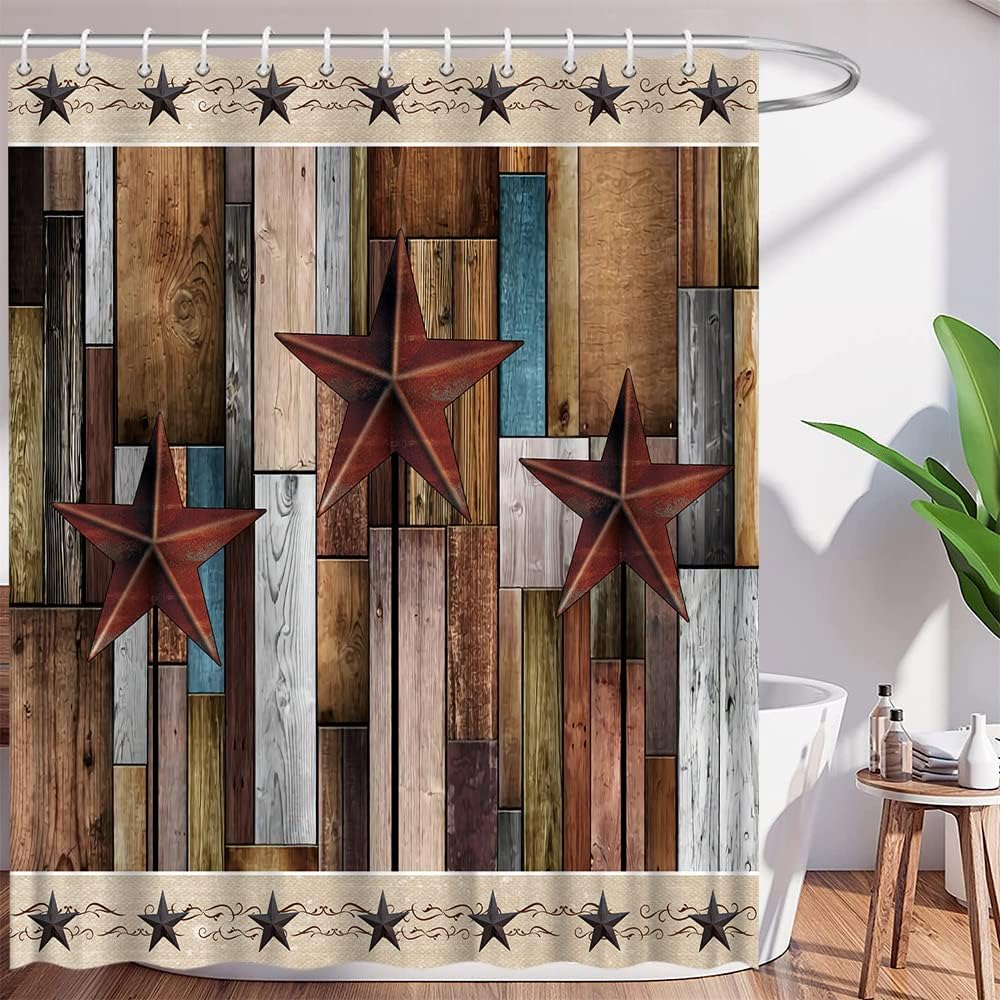 Rustic Barn Door Texas Star Shower Curtain Brown Gray Wooden Board Planks Hardwood Vintage Print For Farmhouse Bathroom Home Decor With Quick Dry Fabric