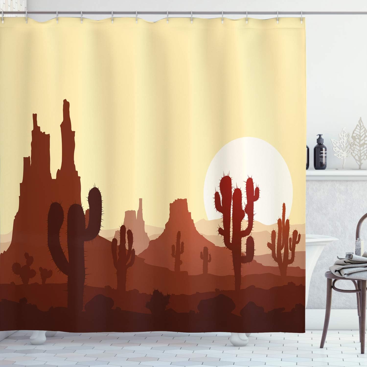 Desertscape Cactus Shower Curtain, Spikes And Red Flowers Mexican Hot Desert Vintage Image Art Print For Bathroom Decor