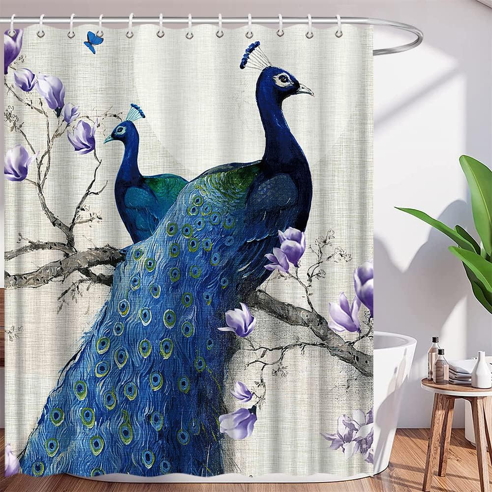 Elegant Noble Peacock Shower Curtain With Magnolia Flowers For A Vintage Bathroom Decor