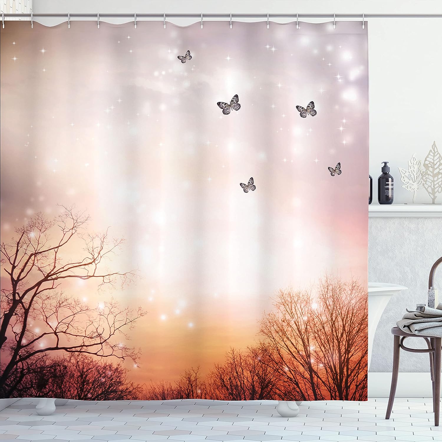 Dreamy Butterflies Shower Curtain, Romantic Fantasy Blurry Sky Design Bathroom Decor, Pale Pink Orange
