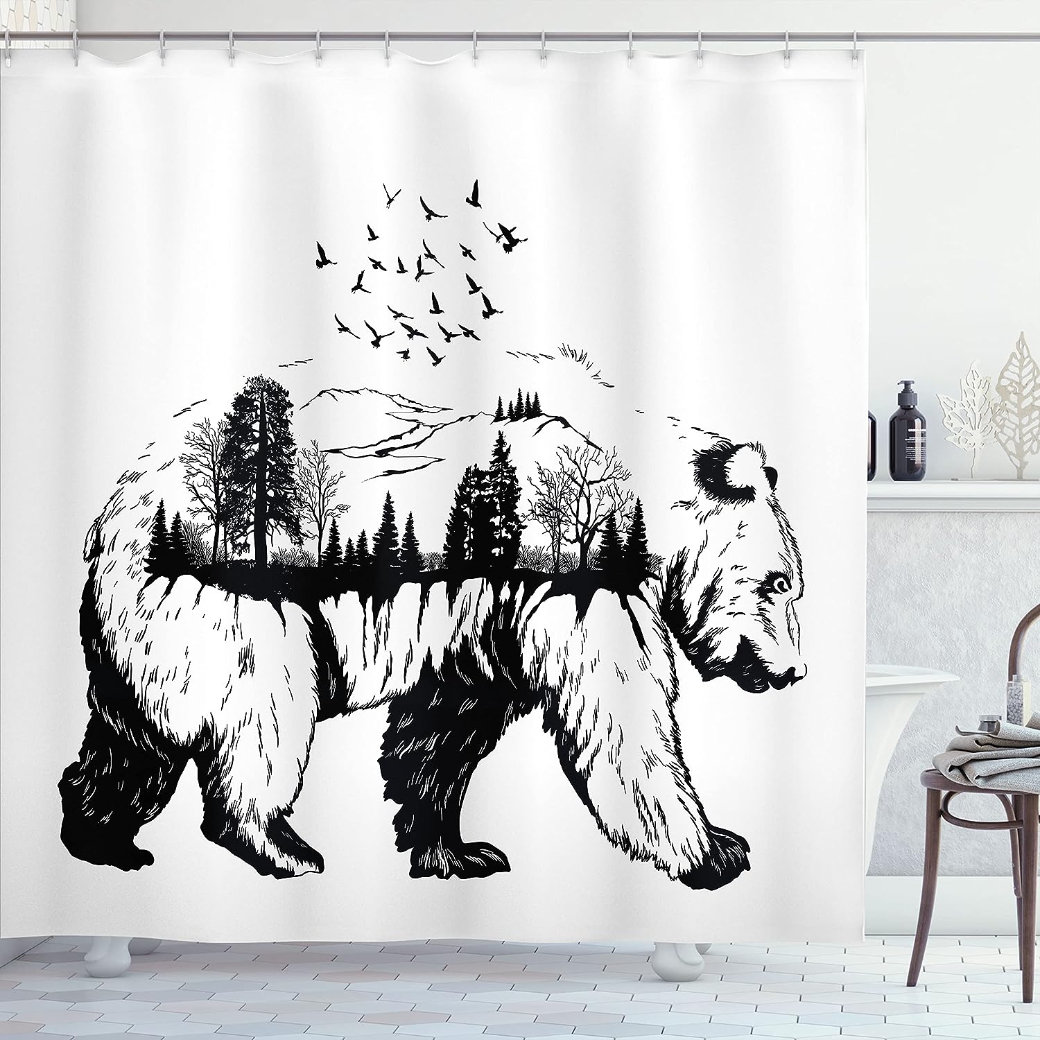 Double Exposure Bear Shower Curtain, Hand Drawn Forest Trees Flying Birds Concept Artwork Print For Bathroom DCor
