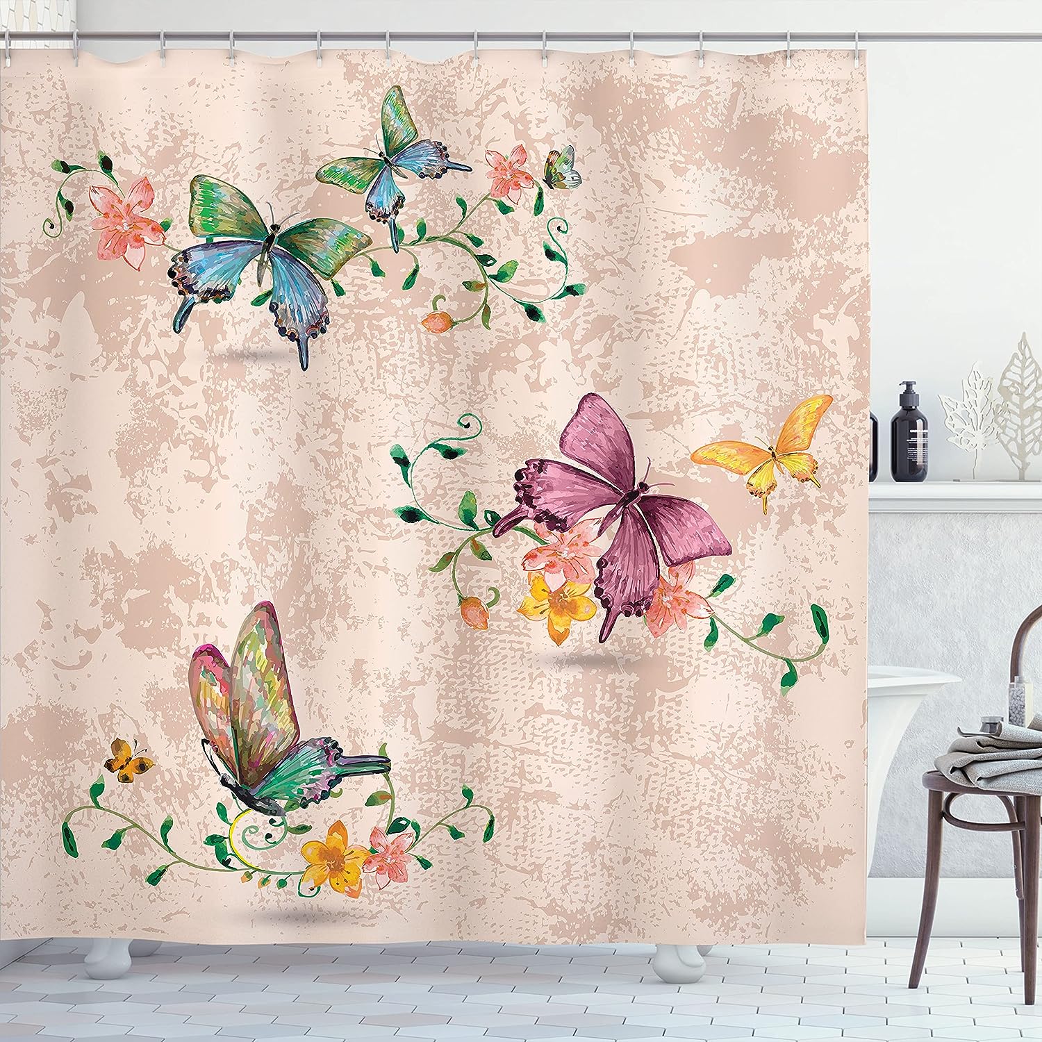 Spring Moths Shower Curtain, Vintage Style Background Wings Transformation And Flying Print For Bathroom DCor