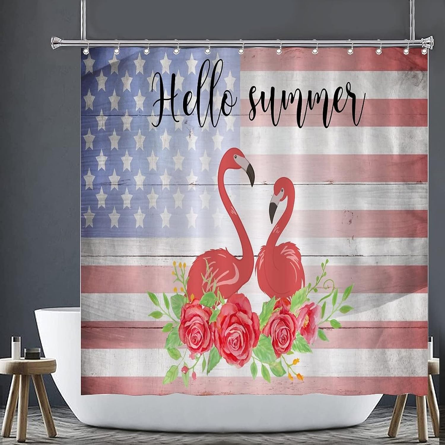 Rustic Fourth Of July American Flag Flamingo Rose Shower Curtain For A Textured Bathroom Decor