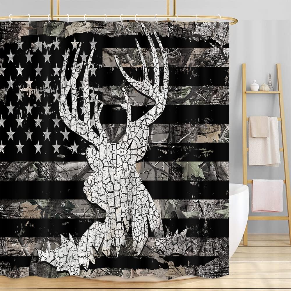 Rustic American Flag With Deer Camo Shower Curtain, Perfect For Wildlife Enthusiasts