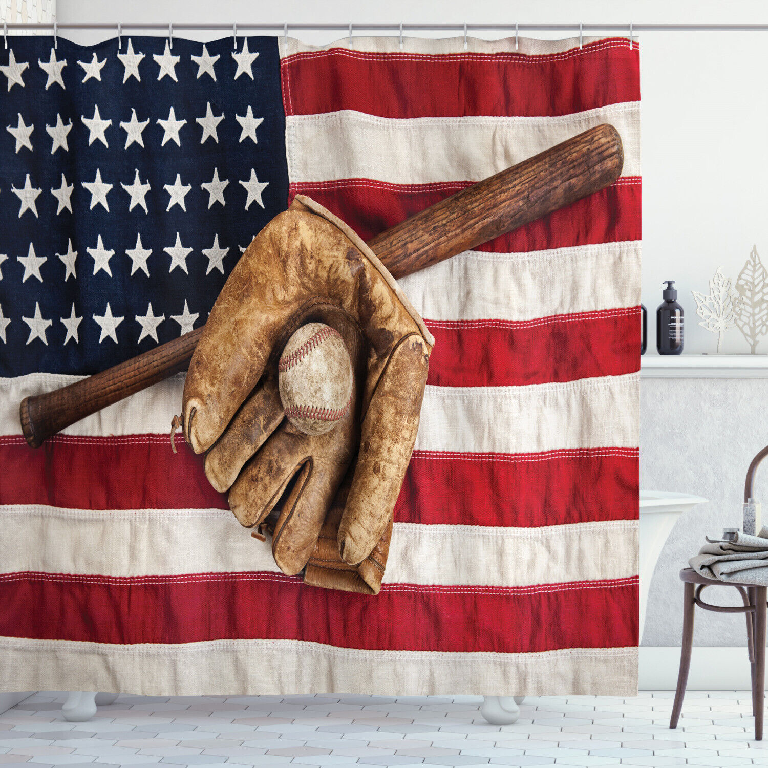 Grunge Baseball Print American Flag Shower Curtain For A Sports-Themed Bathroom Decor