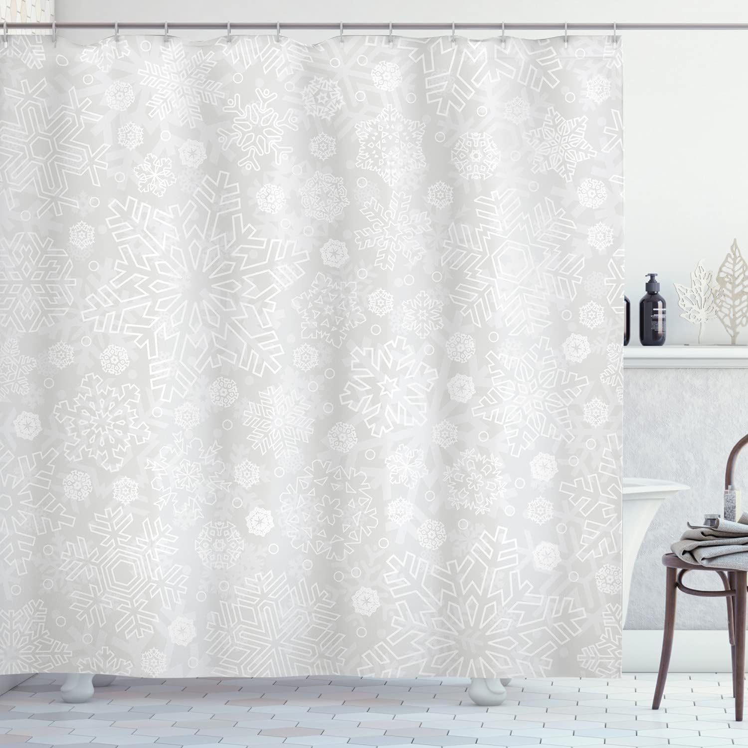 Frosty Celebration Shower Curtain Bathroom Decor In Grey White, Home Decor
