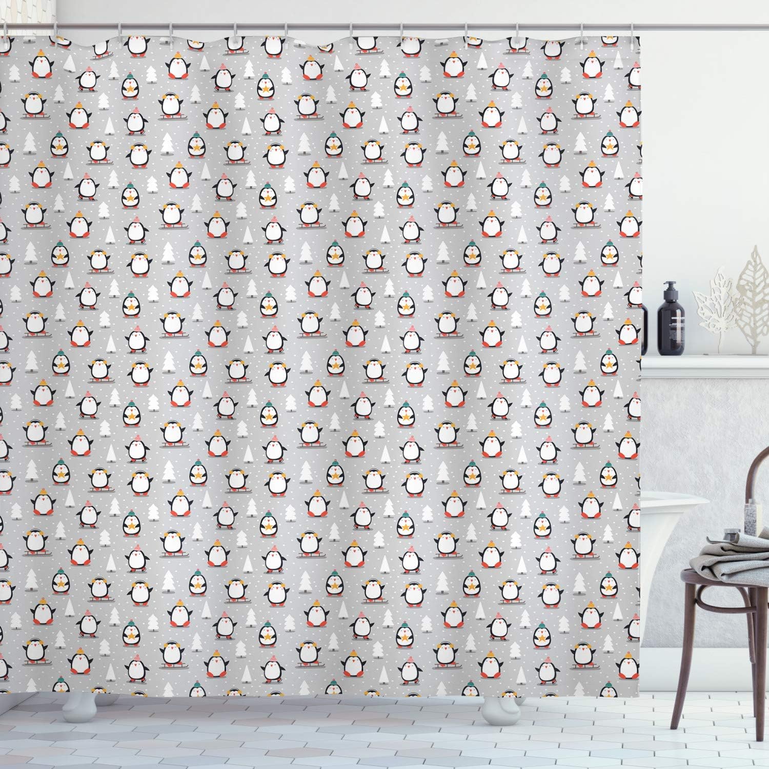 Penguin Winter Shower Curtain, Fun Snowy Penguin Scene With Snowflakes And Trees, Cloth Bathroom Decor W, Pale Grey