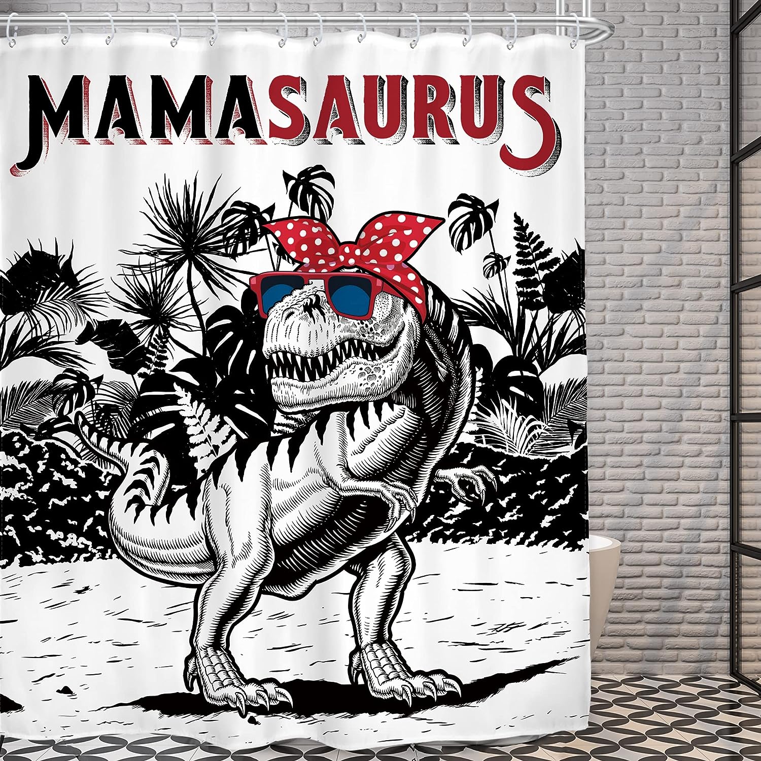 Cartoon Dinosaur Shower Curtain With Tropical Leaves Perfect For Boys Bathroom Decor