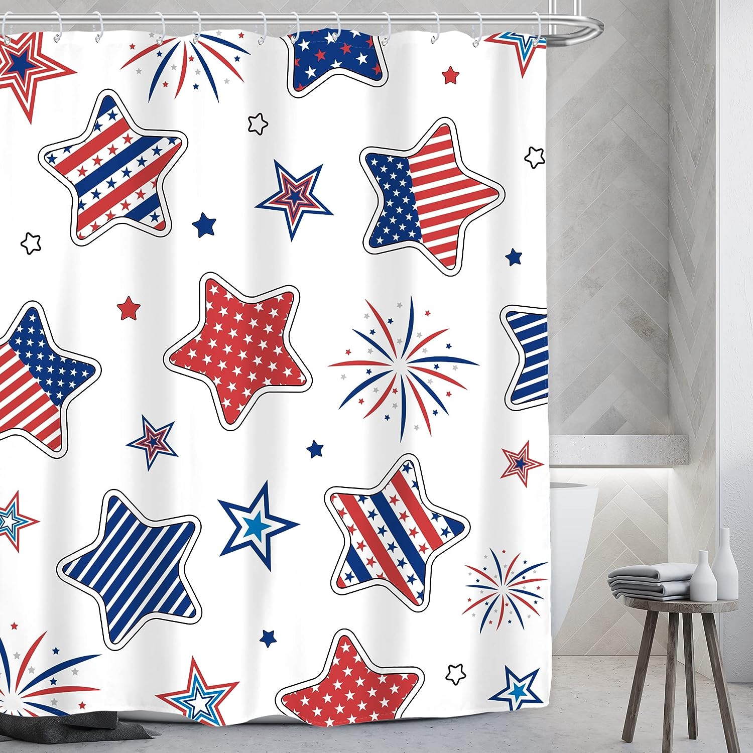 Patriotic 4Th Of July Shower Curtain With Red, Blue And White Stars For An American Bathroom Decor