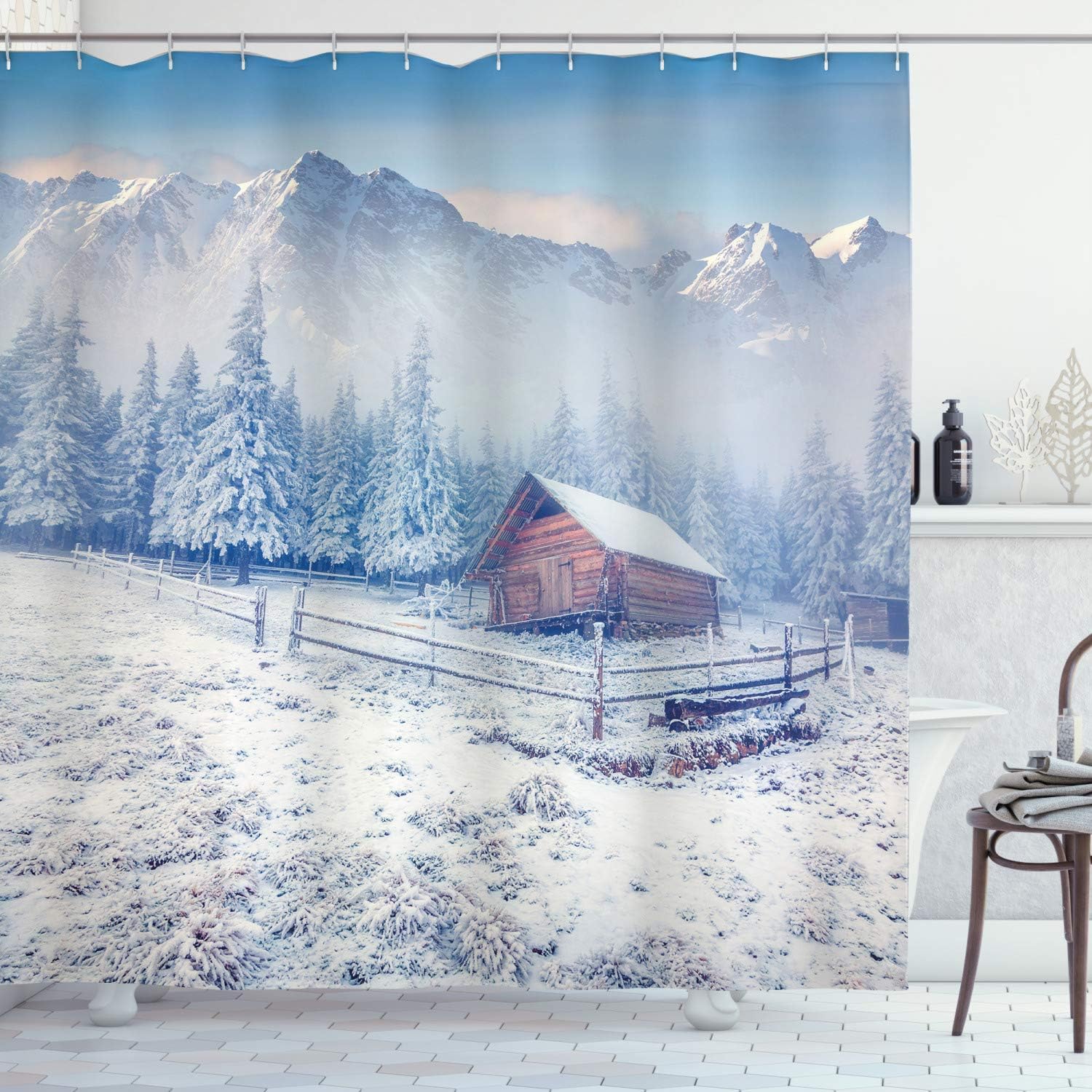 Snowy Mountain Farmhouse Shower Curtain, Rustic Life In Mountains And Frosted Forest, Bathroom Cloth Decor W, Caramel And White