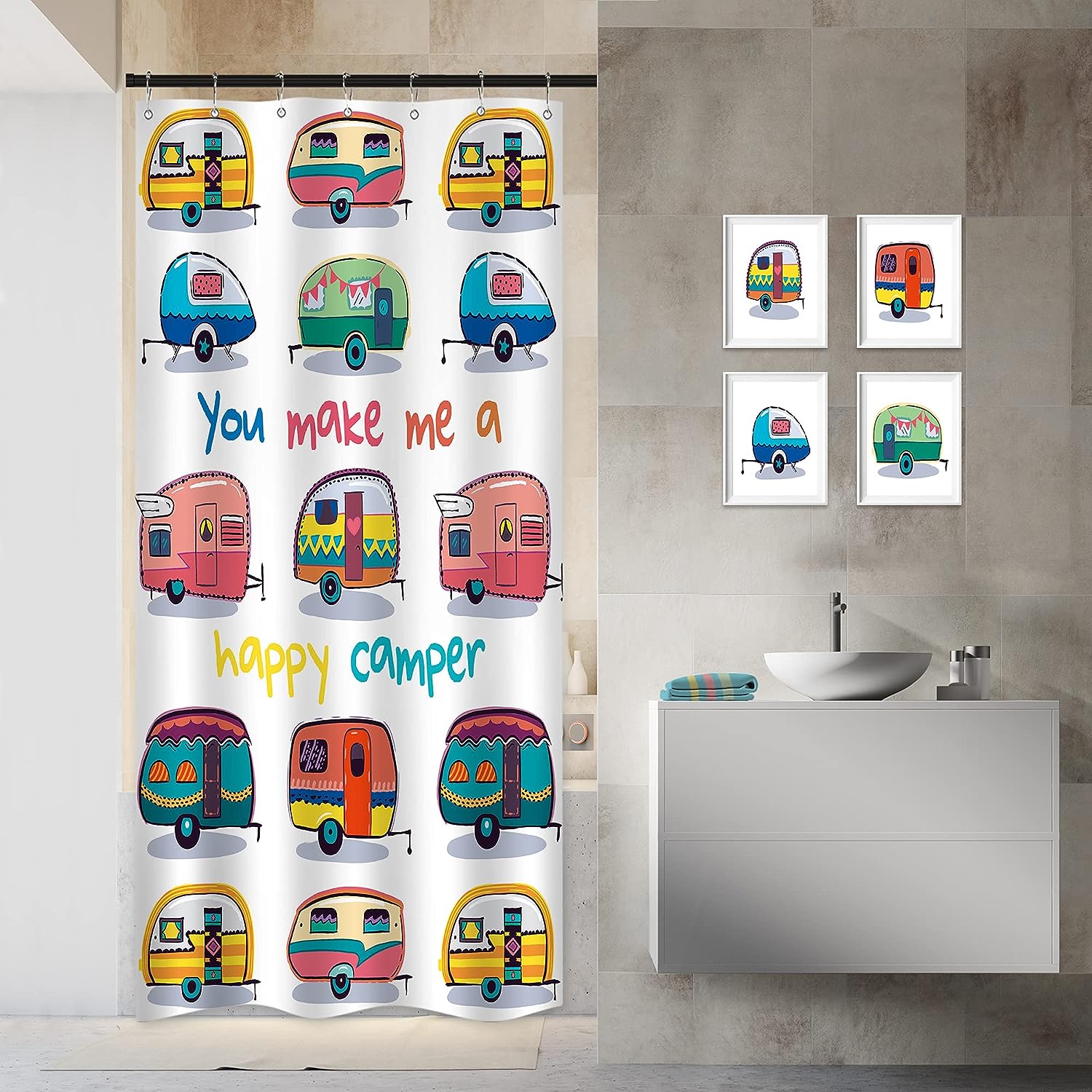 Funny Quotes Rv Camper Shower Curtain With Cartoon Caravan Perfect For A Travel-Themed Children Bathroom Decor
