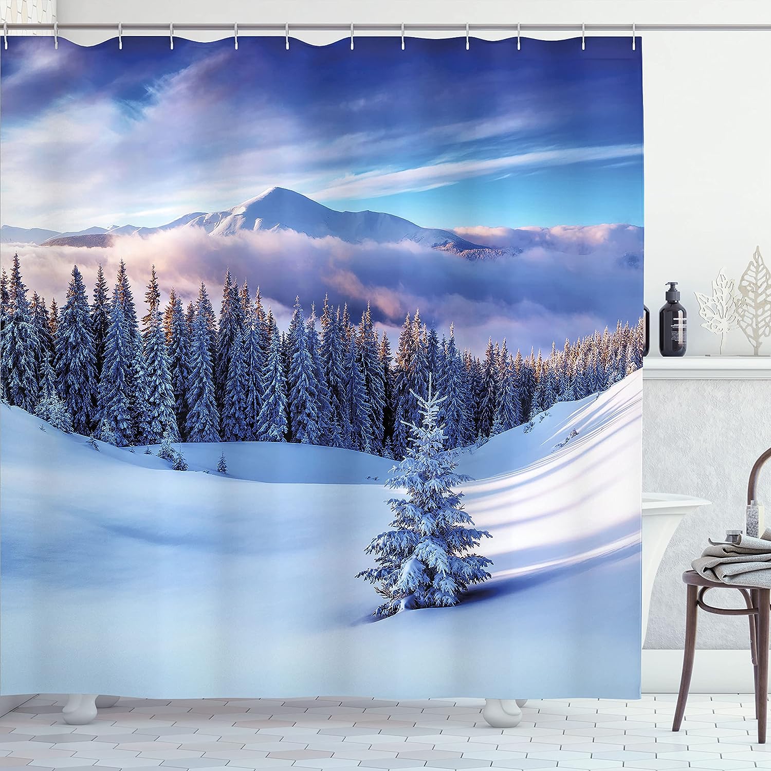 Snowy Mountain Shower Curtain, Snowy Coniferous Pine Trees And High Peaks, Cloth Bathroom Decor W, White And Blue