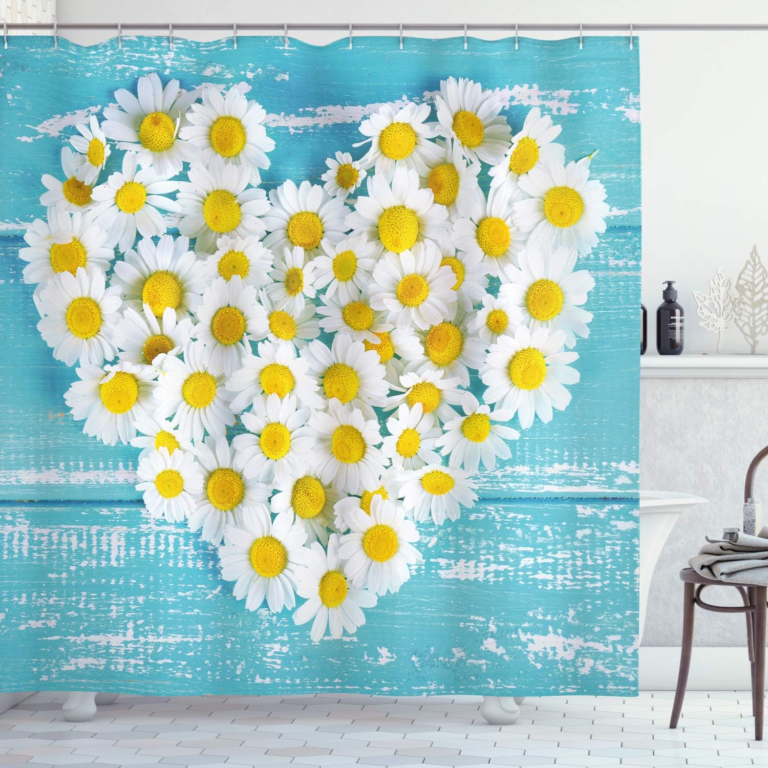 Romantic Daisy Shower Curtain, Heart Shaped Daisy Flowers Blossom Print, Cloth Bathroom Decor W, Sky Blue And White