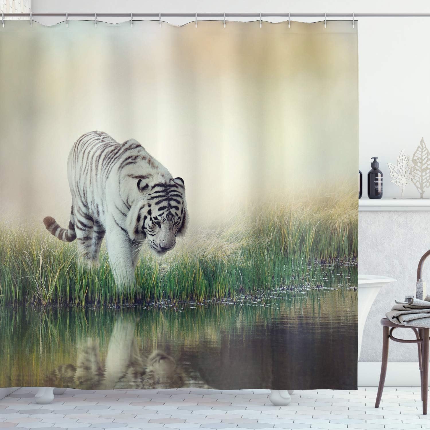 Exotic Albino Tiger Shower Curtain, River Background With Tiger, Cloth Bathroom Decor W, Green And White