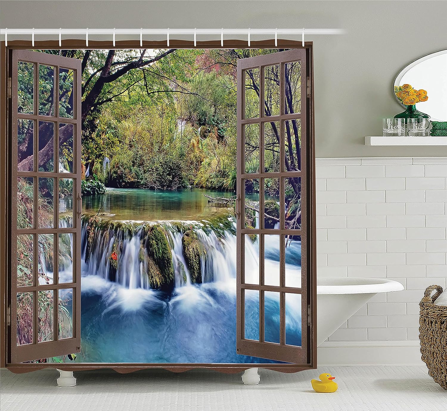 Surreal Forest Waterfall Shower Curtain, Deep Waterfall Viewed From City Window, Cloth Bathroom Decor W, Forest Green