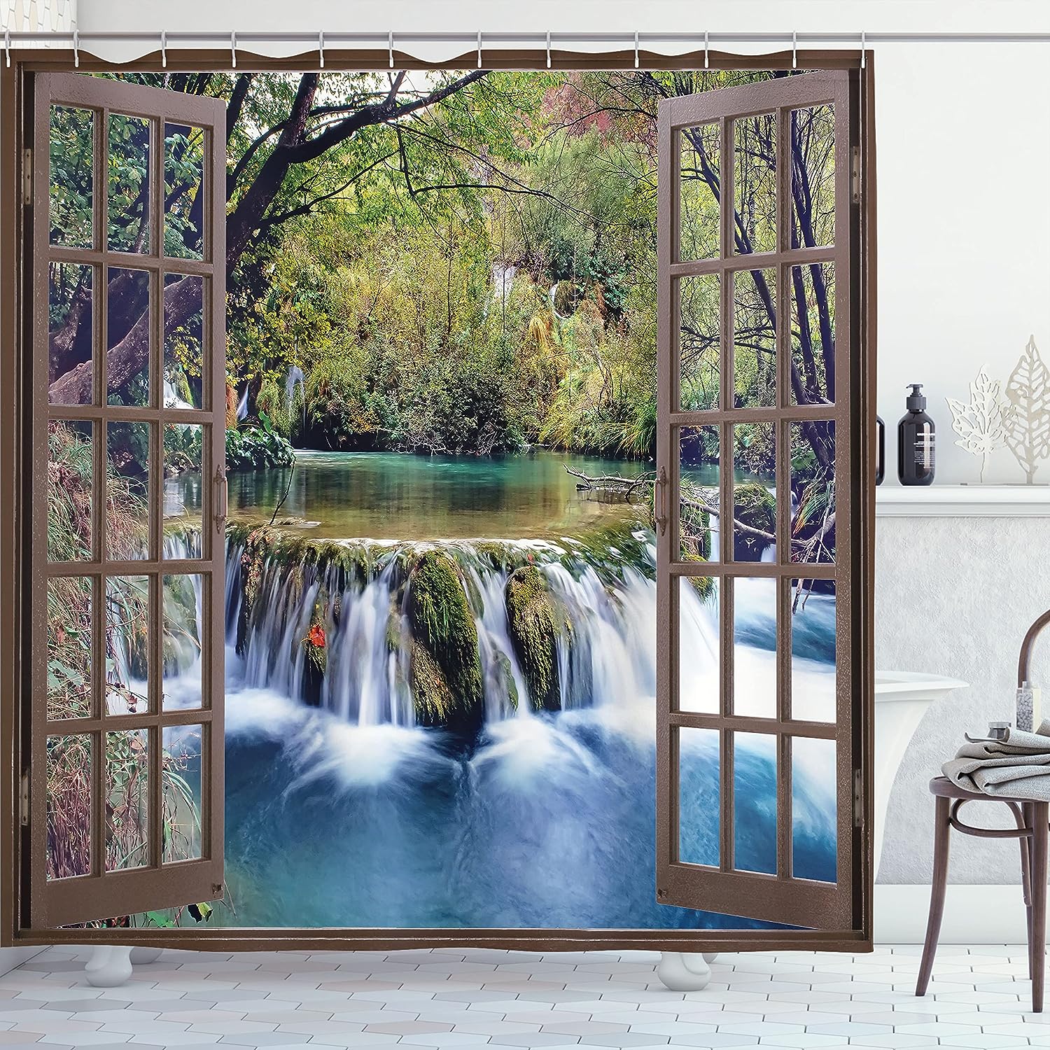 Surreal Forest Waterfall Shower Curtain, Deep Waterfall Viewed From City Window, Cloth Bathroom Decor, Forest Green